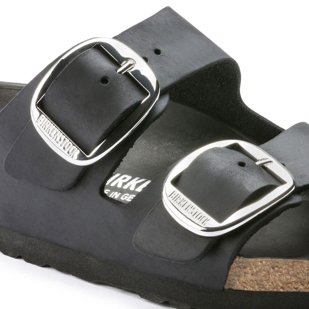 Birkenstock ciabatta donna due fasce in pelle oliata nera con fibbie argento