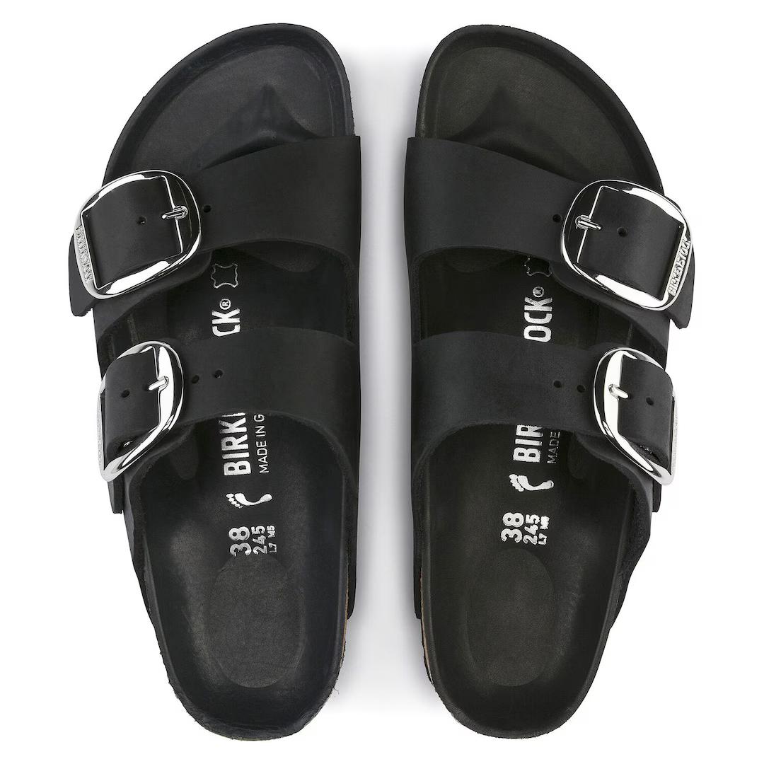 Birkenstock ciabatta donna due fasce in pelle oliata nera con fibbie argento