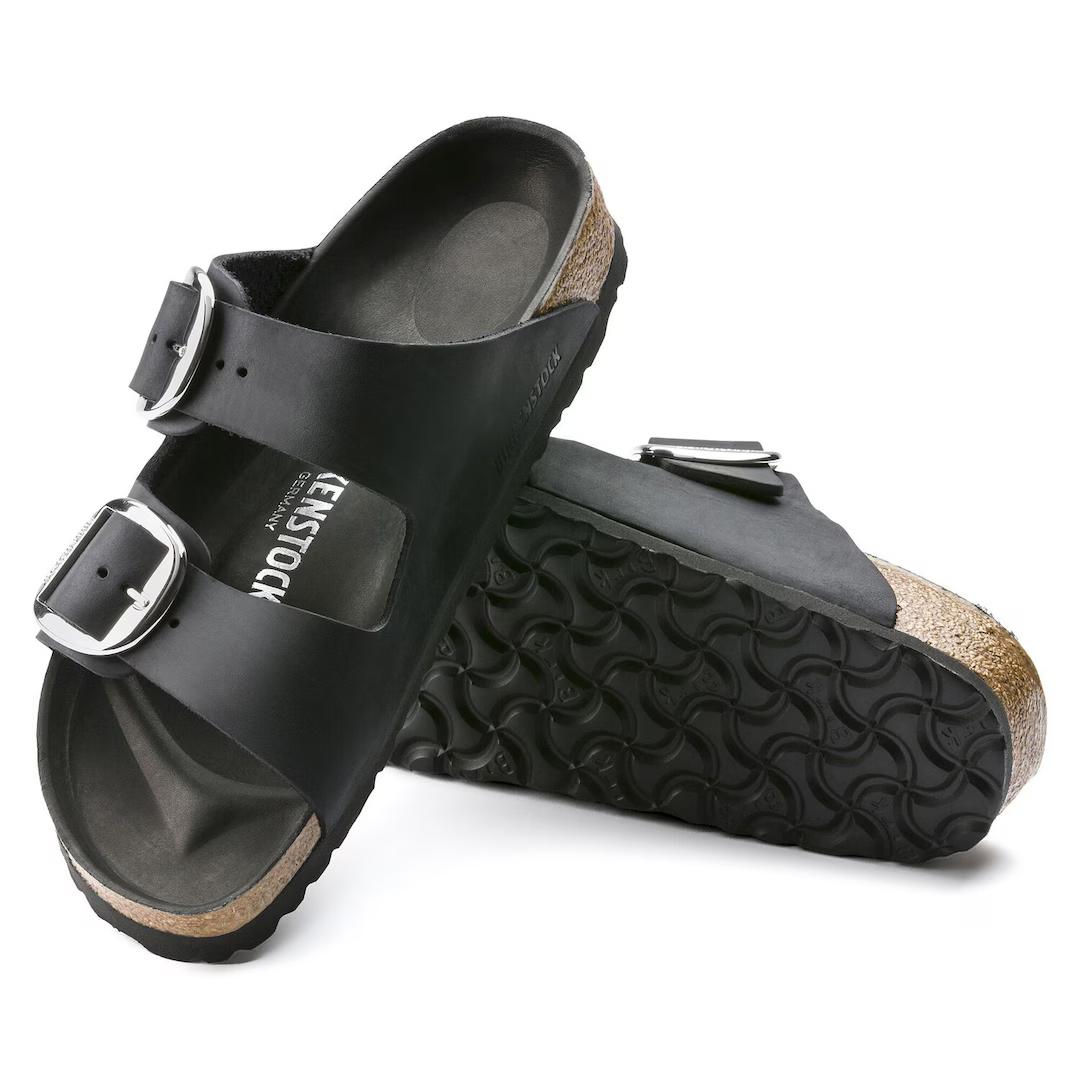 Birkenstock ciabatta donna due fasce in pelle oliata nera con fibbie argento