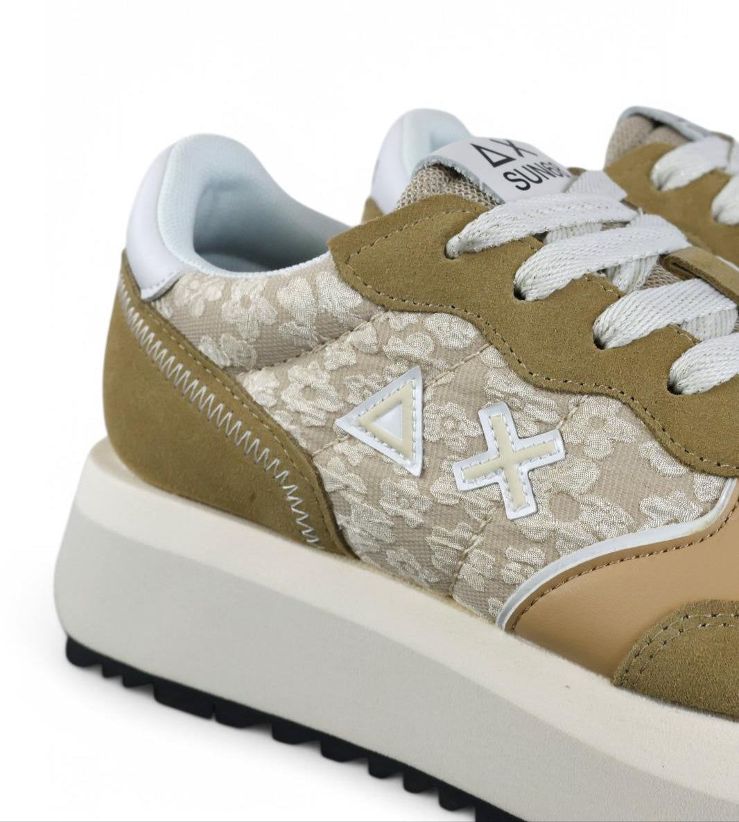 SUN68 sneaker donna in tela stampa fiori e suede camel