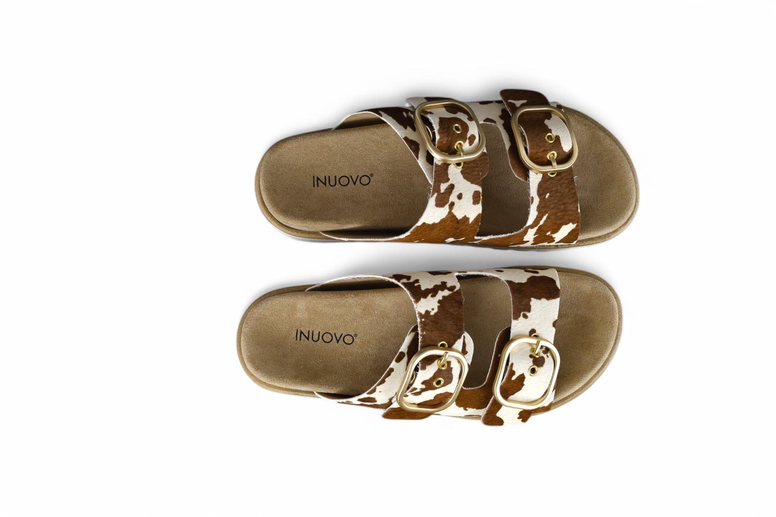 INUOVO ciabatta donna con doppia fascia e fibbie in cavallino cuoio e beige