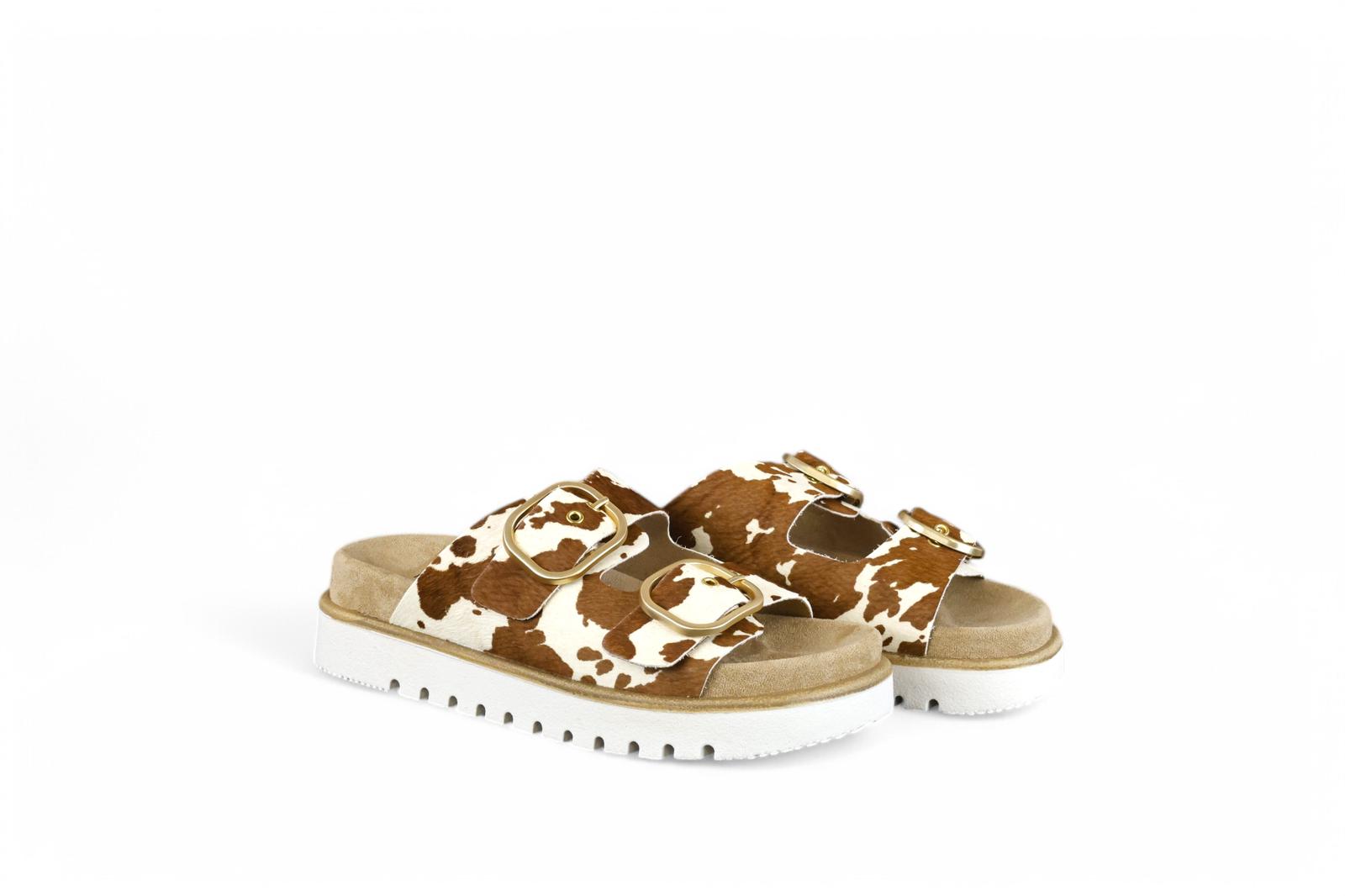INUOVO ciabatta donna con doppia fascia e fibbie in cavallino cuoio e beige