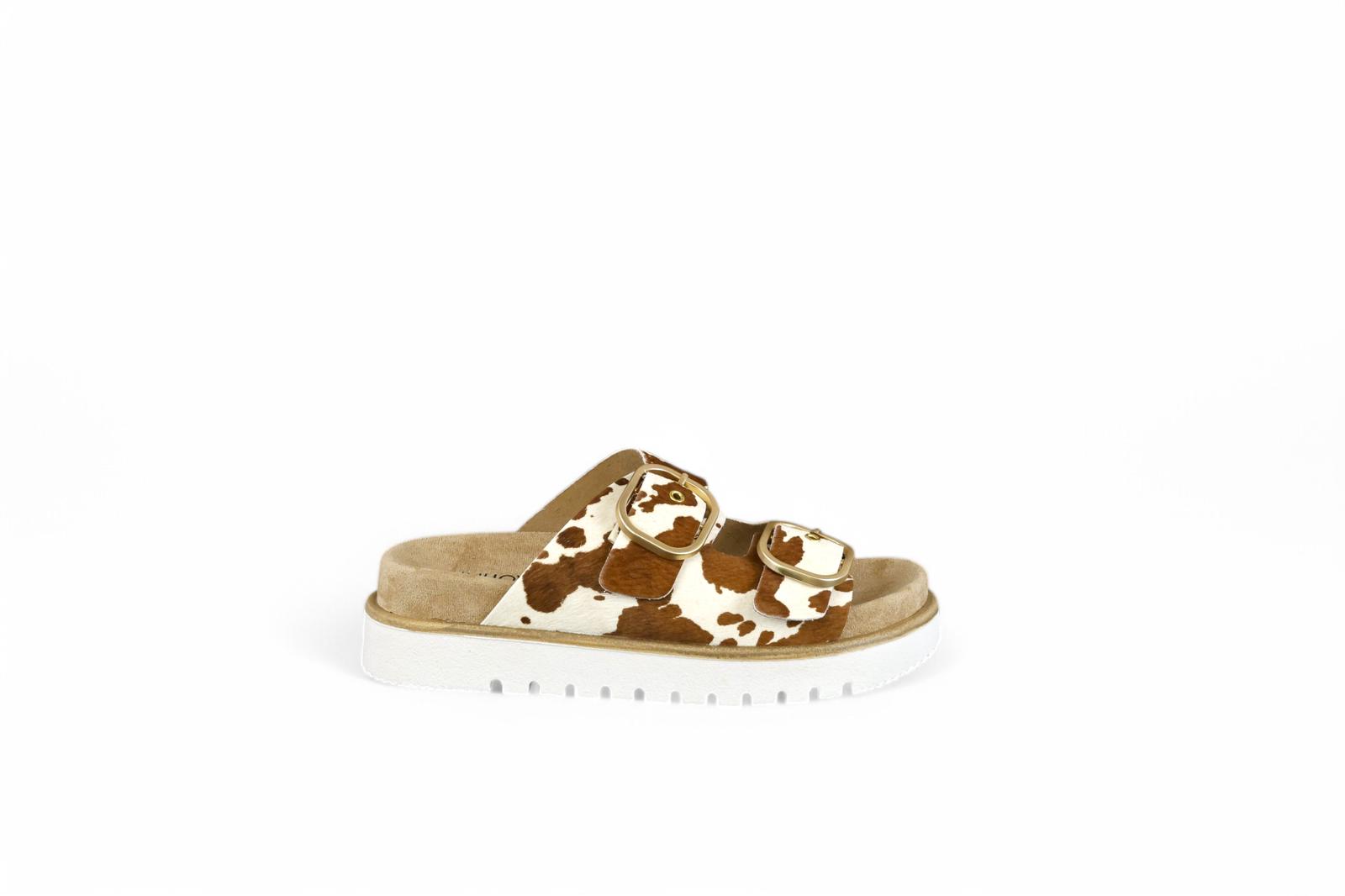 INUOVO ciabatta donna con doppia fascia e fibbie in cavallino cuoio e beige