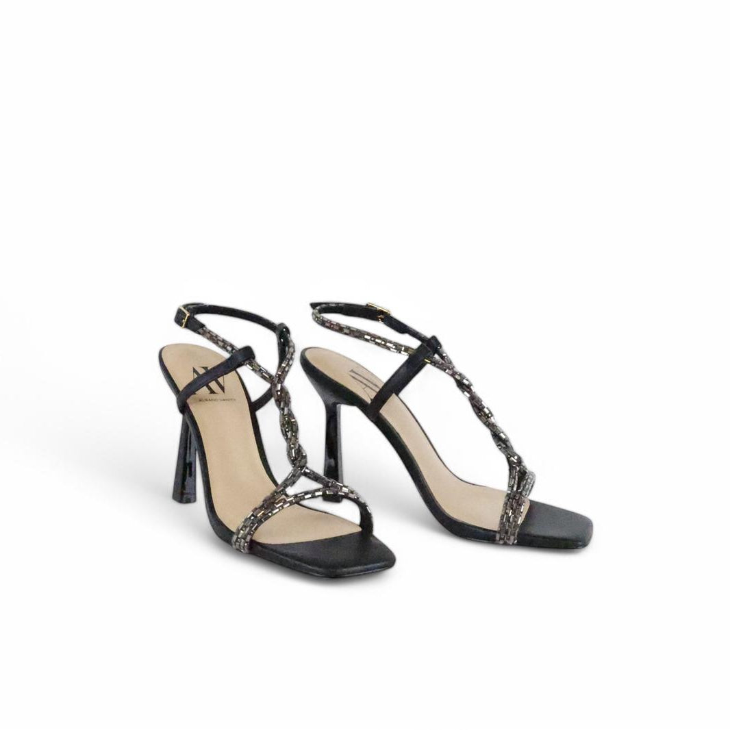 Albano Vanity sandalo donna nero con laccetti intrecciati di specchietti e strass