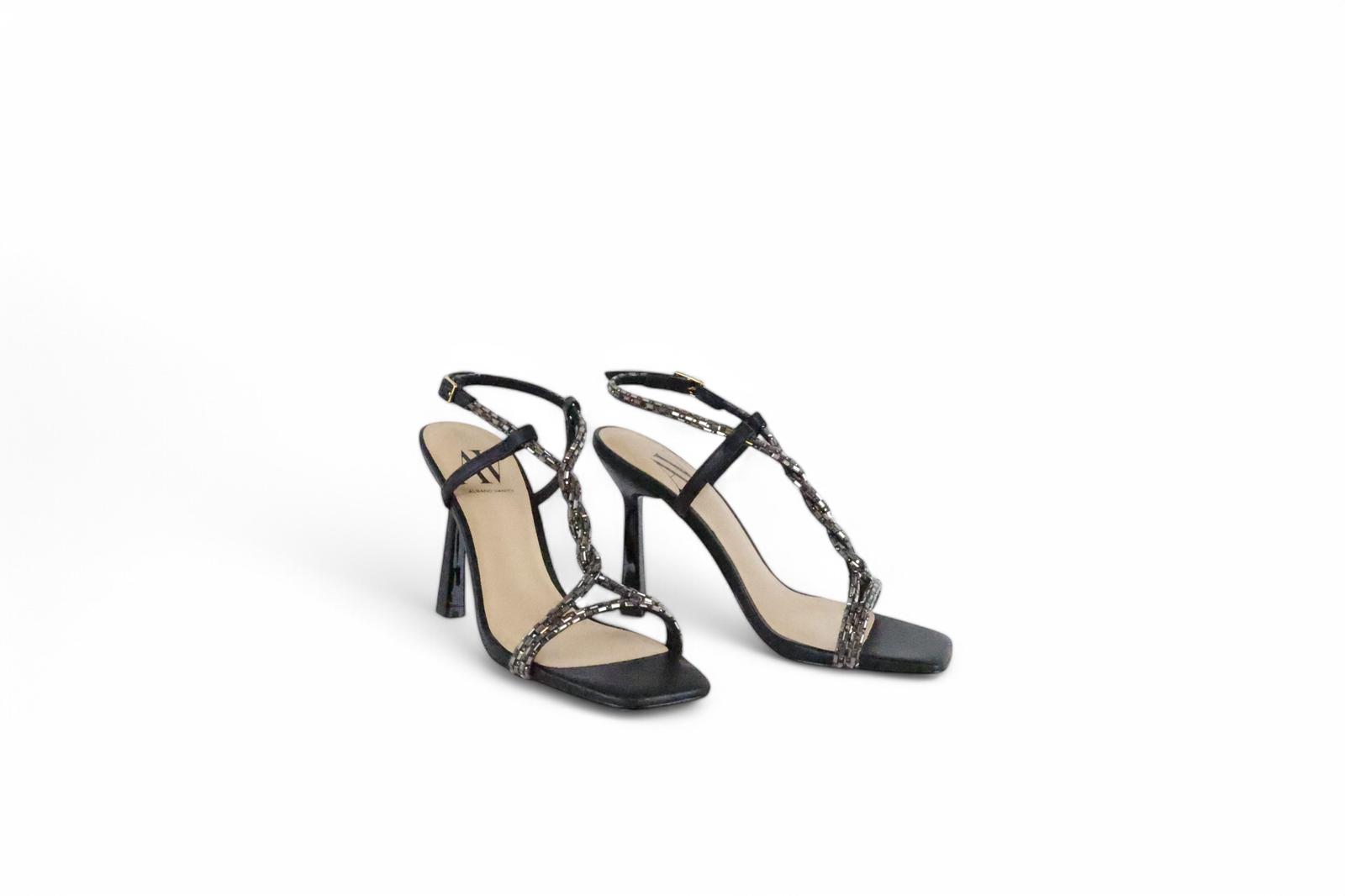 Albano Vanity sandalo donna nero con laccetti intrecciati di specchietti e strass