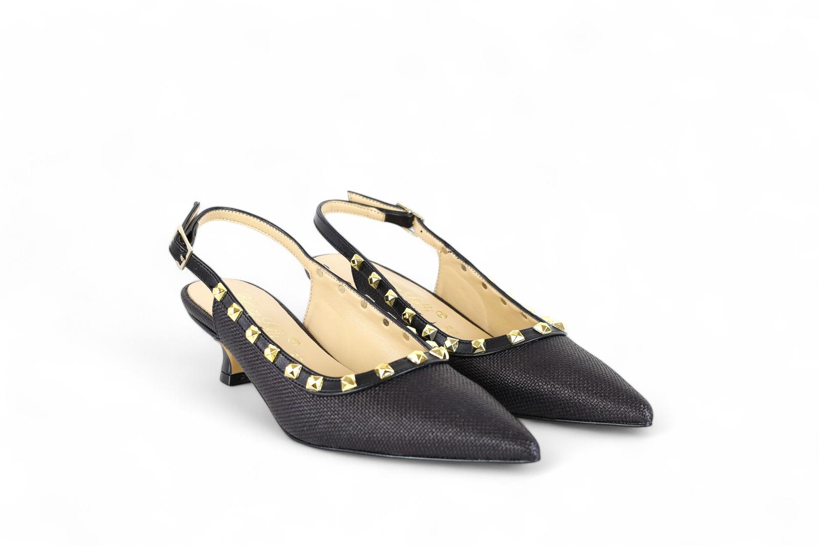 Bottega Lotti chanel in rafia ed ecopelle nero con dettagli borchie oro