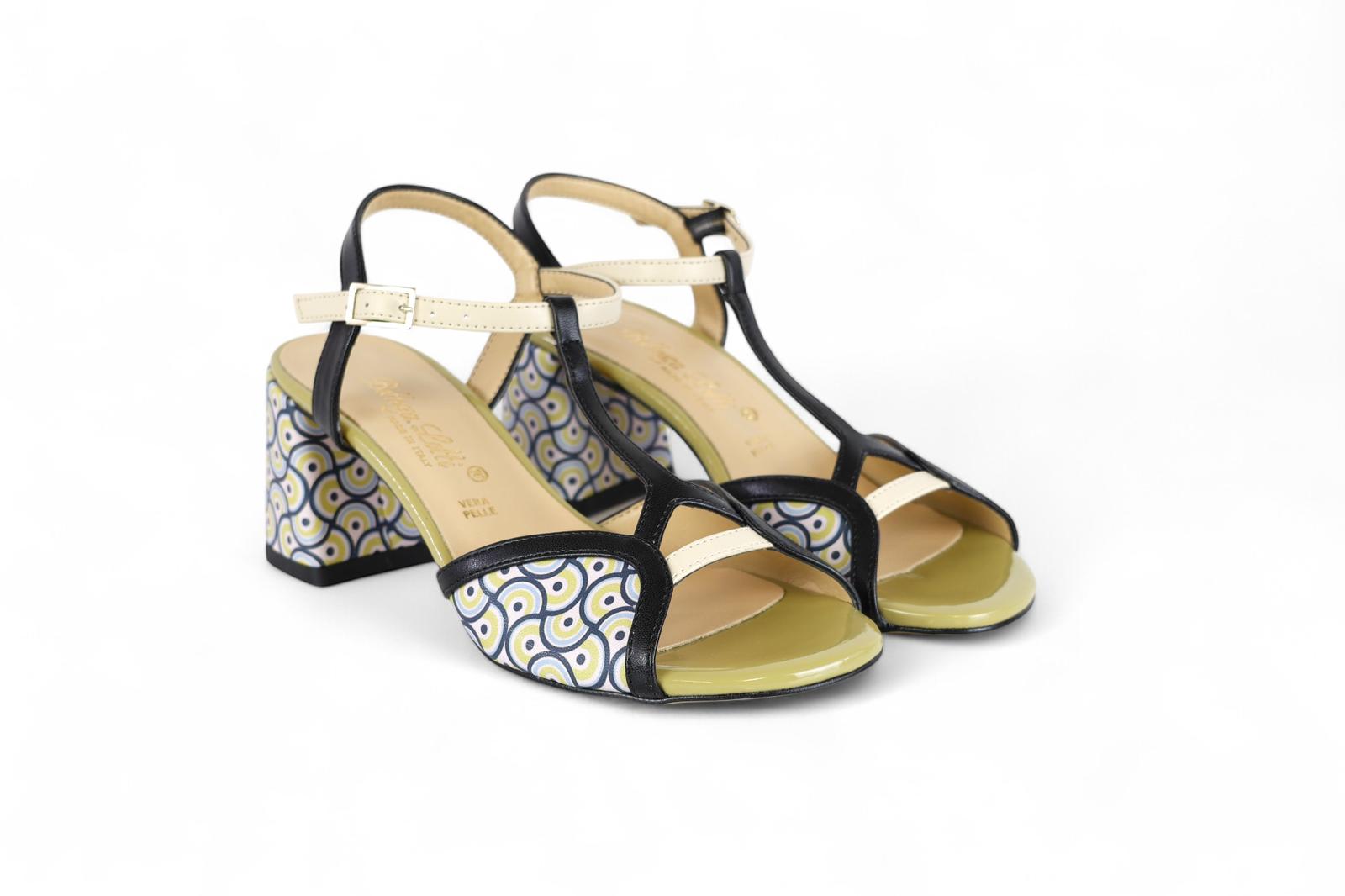 Bottega Lotti sandalo in ecopelle nero e beige con inserti fantasia