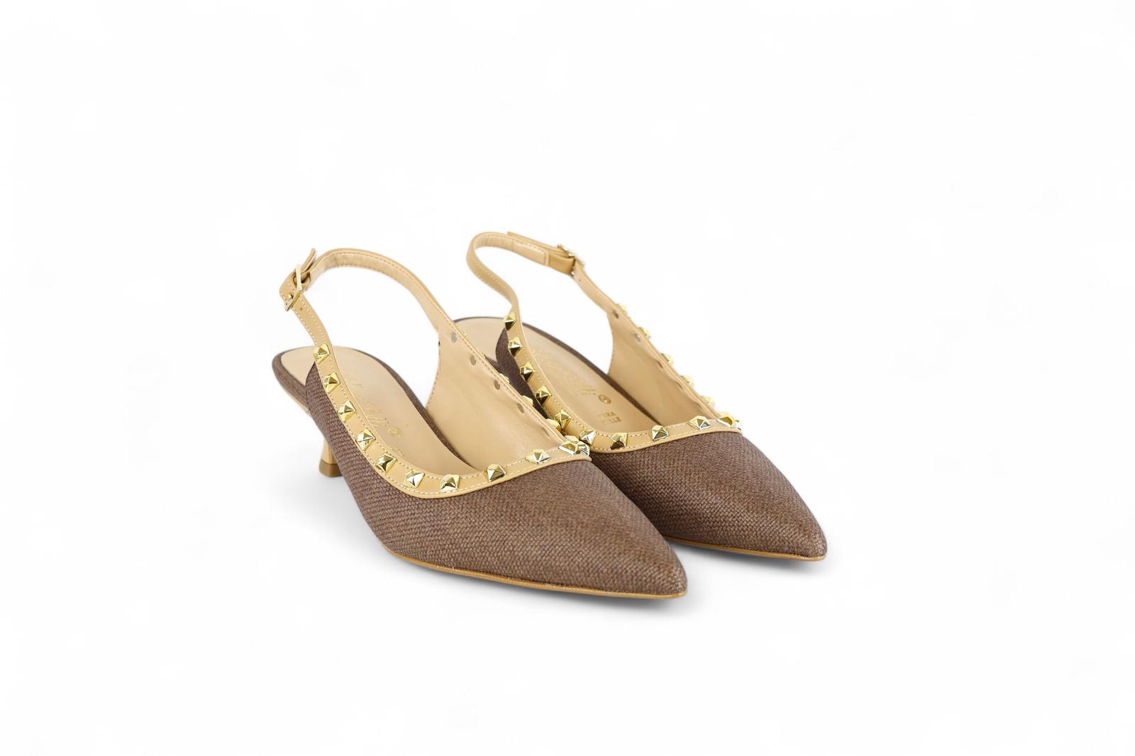 Bottega Lotti chanel in rafia ed ecopelle marrone con dettagli borchie oro