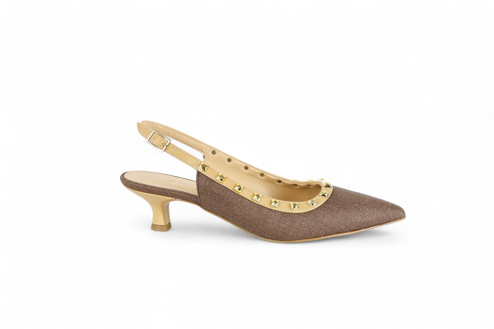 Bottega Lotti chanel in rafia ed ecopelle marrone con dettagli borchie oro