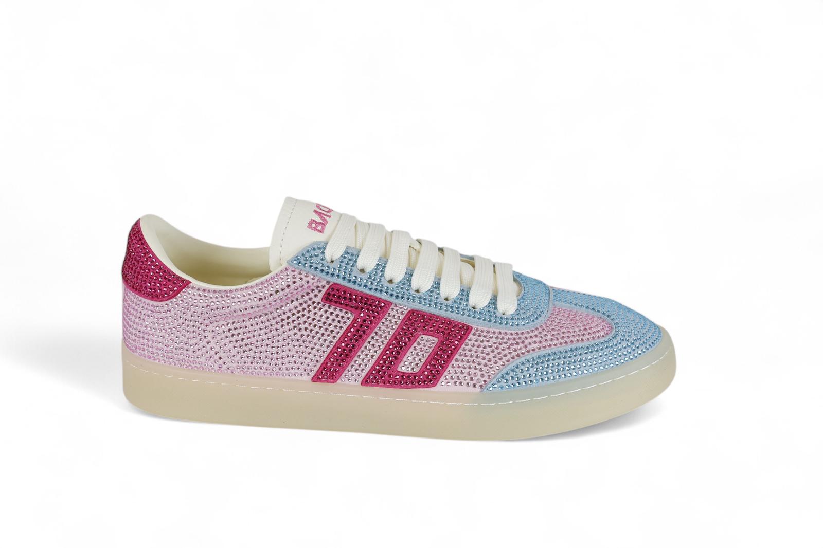 Back 70 sneakers donna con strass azzurro, rosa e ciliegia