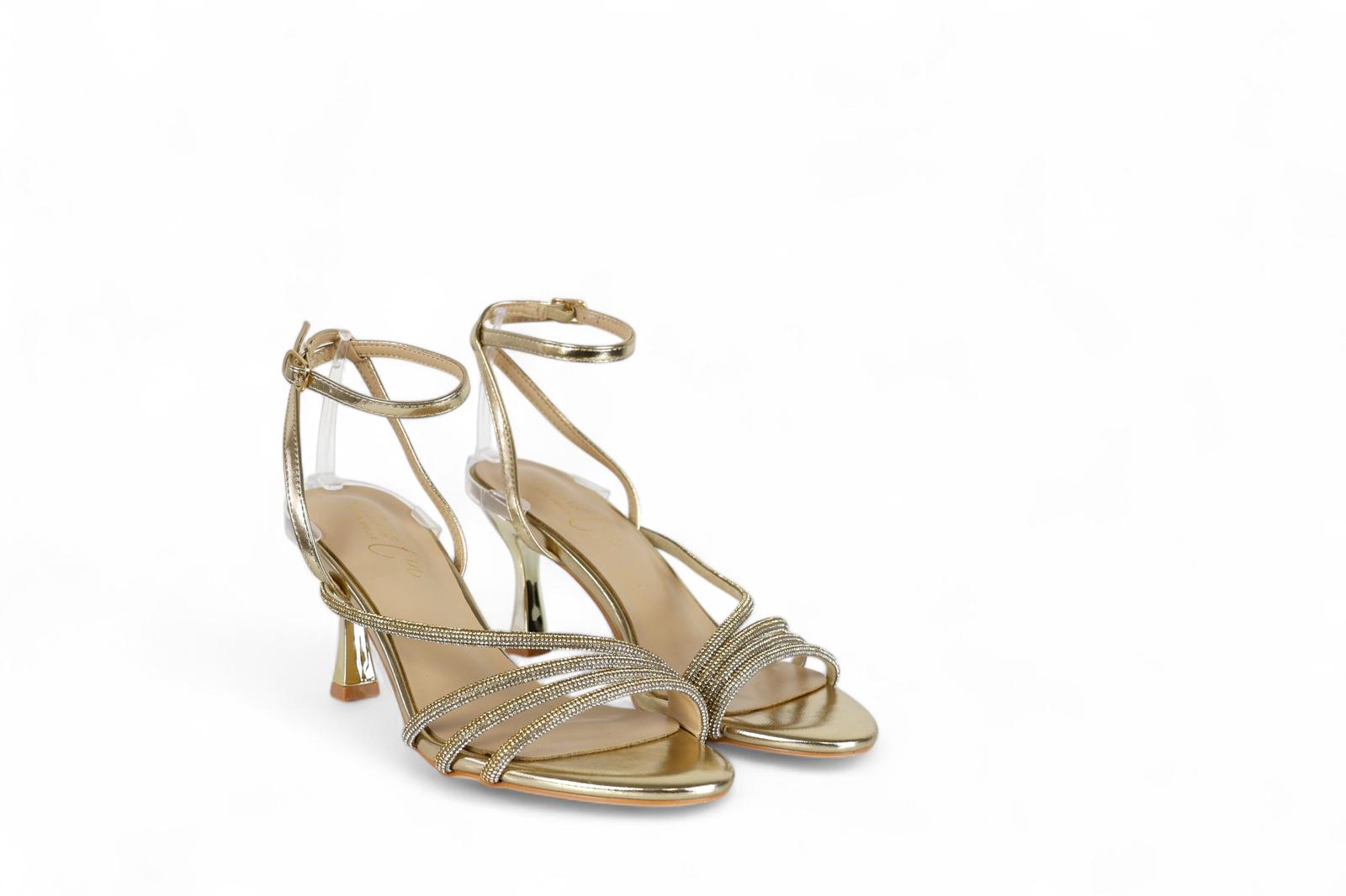 Cristin sandalo donna con tacco e laccini in strass platino