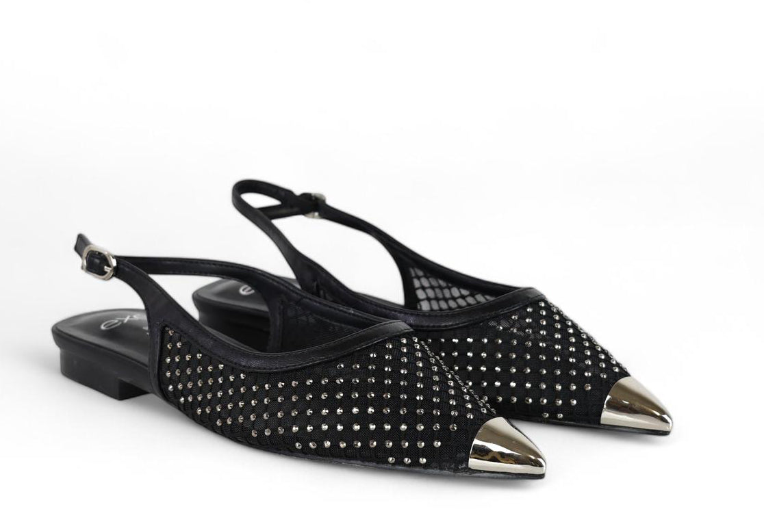 Exé slingback donna in rete nera con microstrass e punta argento