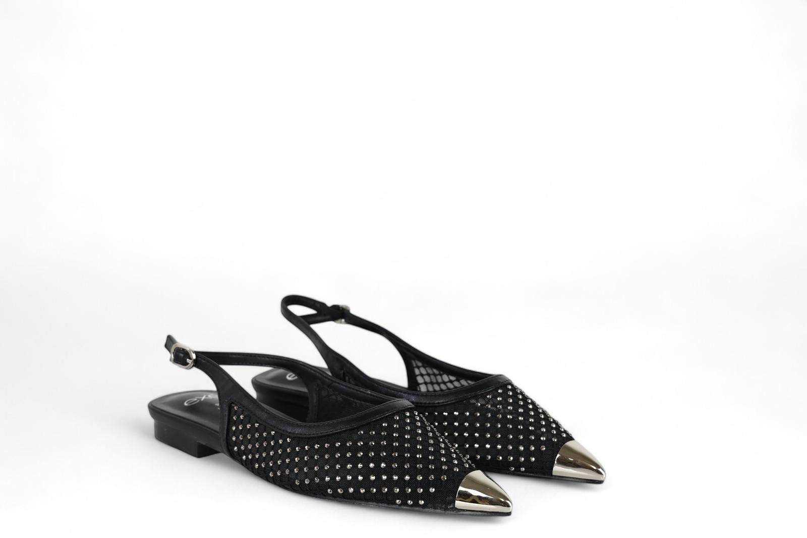 Exé slingback donna in rete nera con microstrass e punta argento