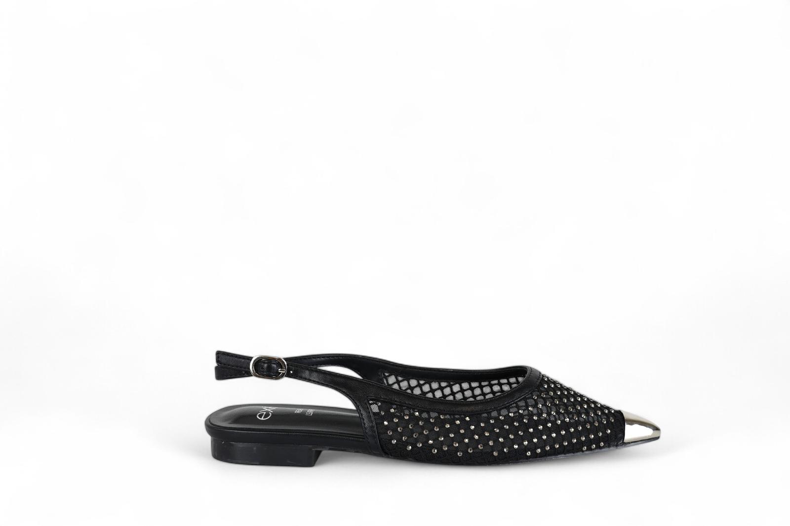 Exé slingback donna in rete nera con microstrass e punta argento