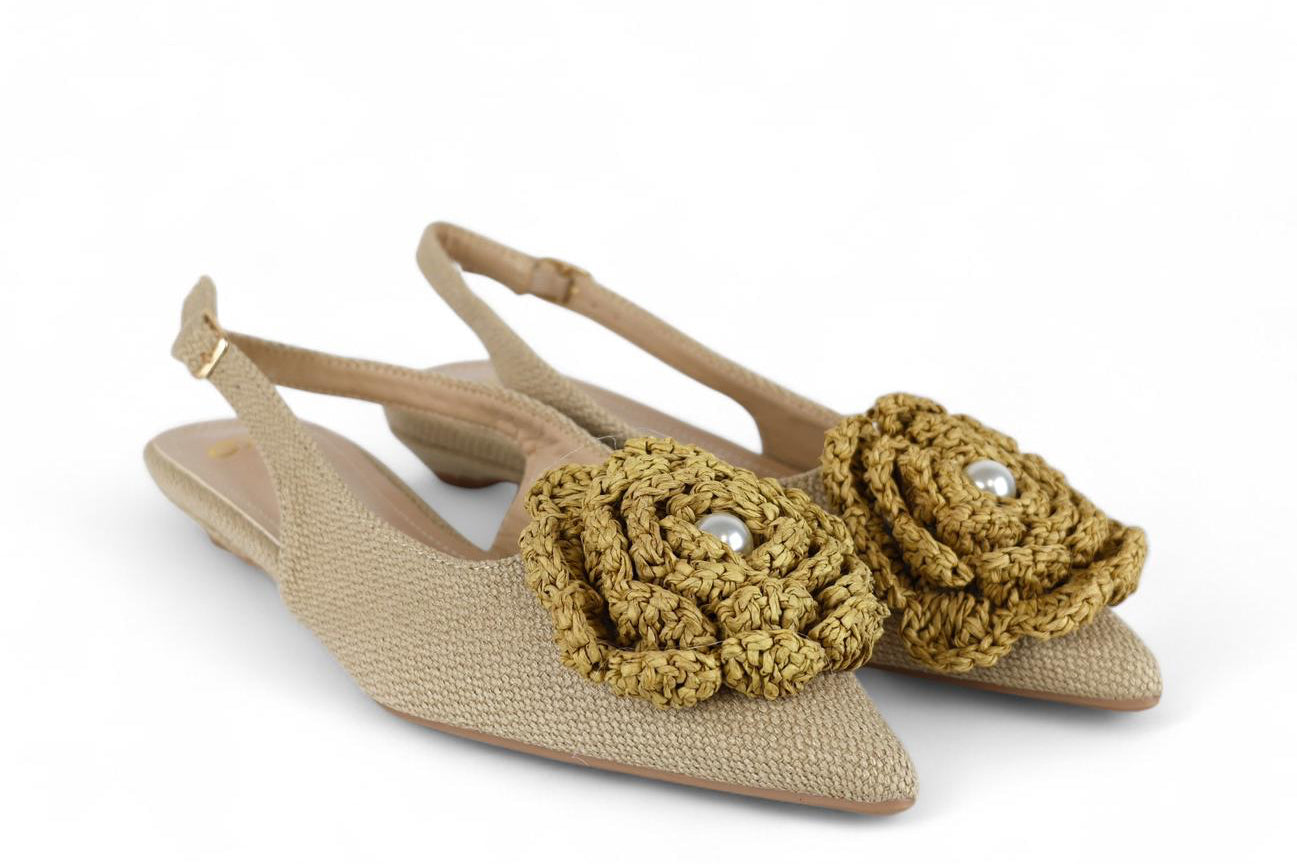Exé slingback donna in tessuto con fiore in rafia e perla