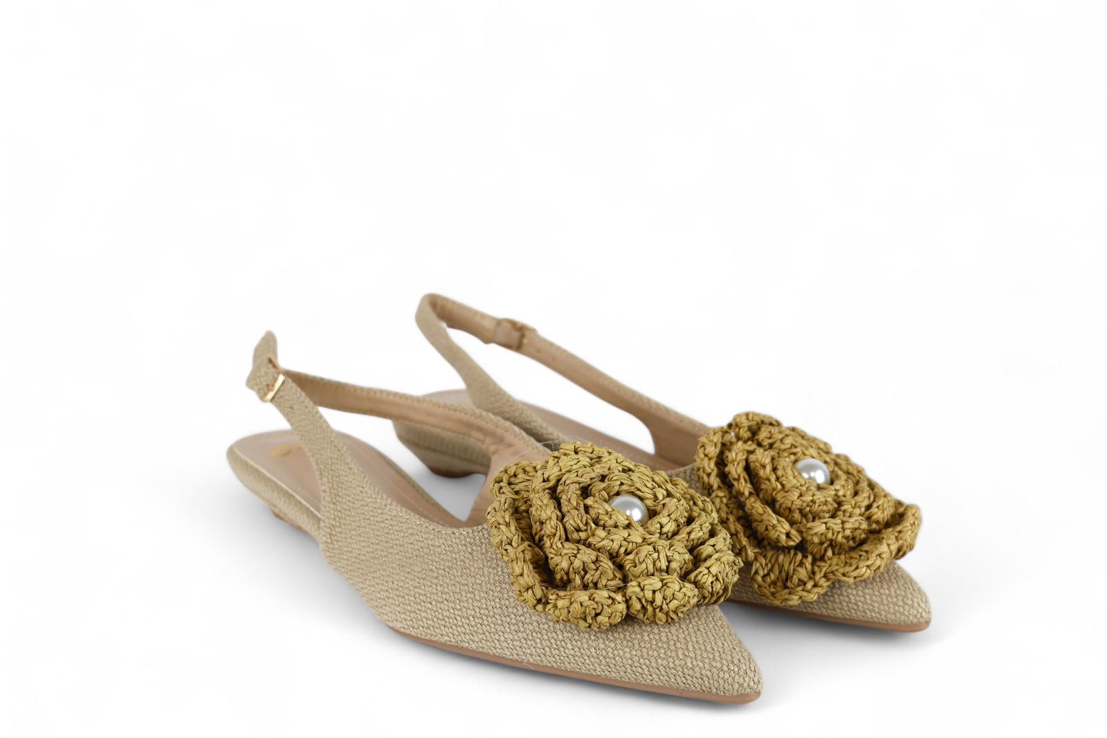 Exé slingback donna in tessuto con fiore in rafia e perla