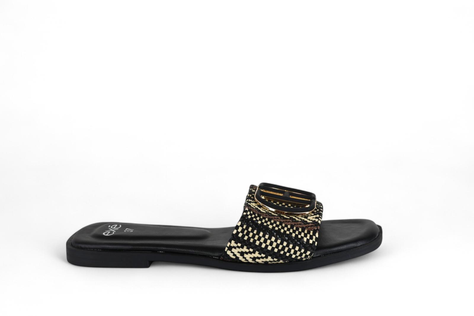 Exé ciabatta donna in ecopelle con fascia in rafia multicolor e accessorio