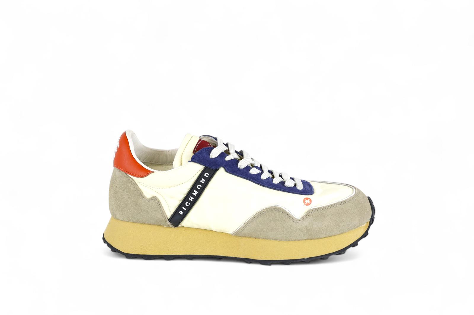 John Richmond sneaker uomo in suede e nylon avorio e blu con gonfietto arancio