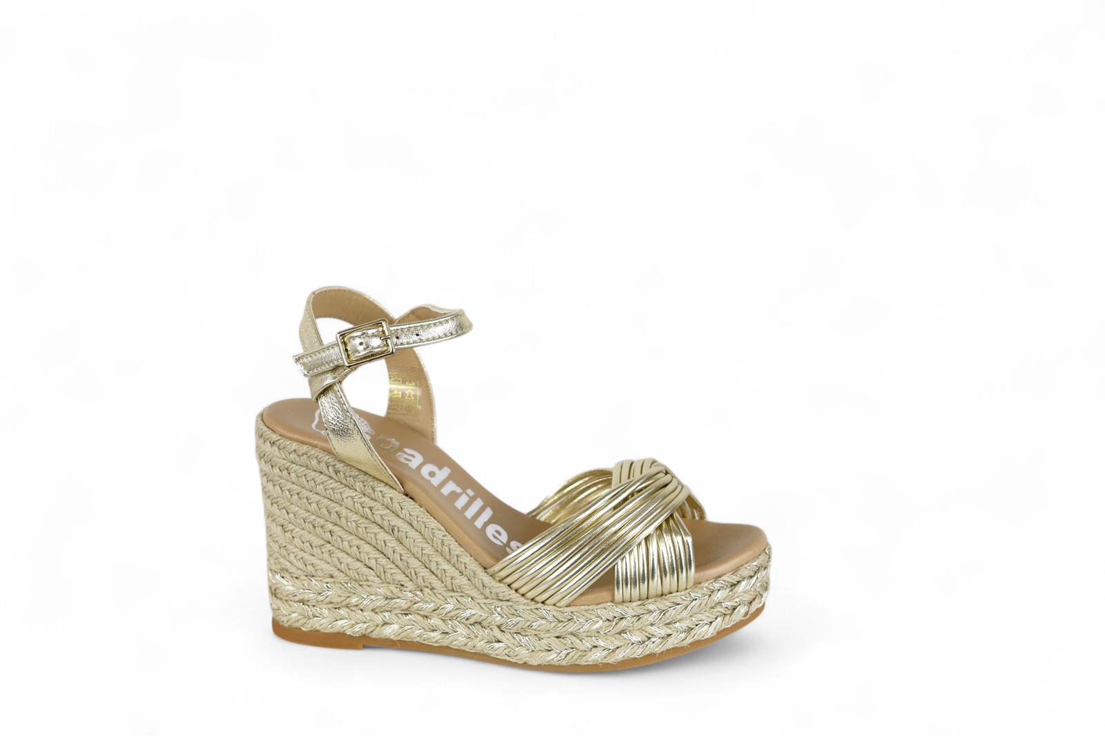 Espadrilles sandalo con zeppa in corda con laccini laminati oro
