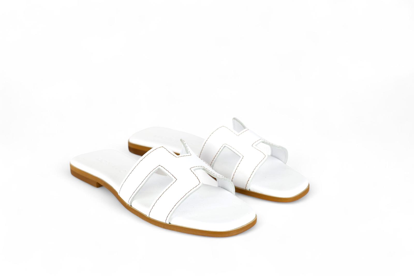 Mosaic slider in pelle bianca con impuntura cuoio