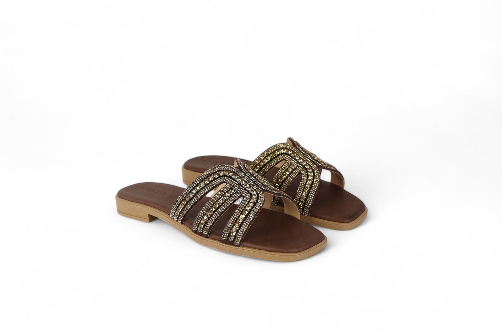 Mosaic slider donna in pelle marrone e strass