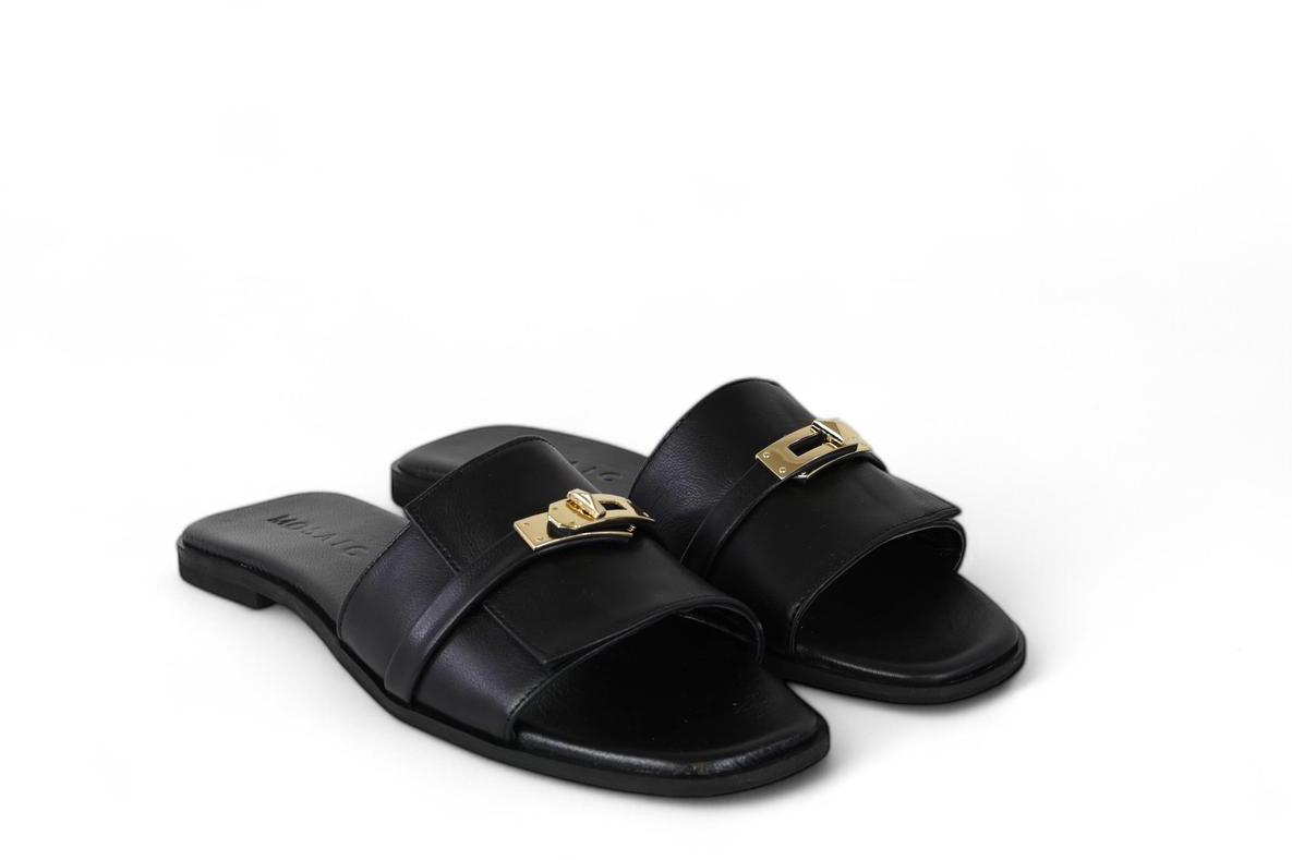 Mosaic ciabatta donna in pelle nera con fibbia Kelly