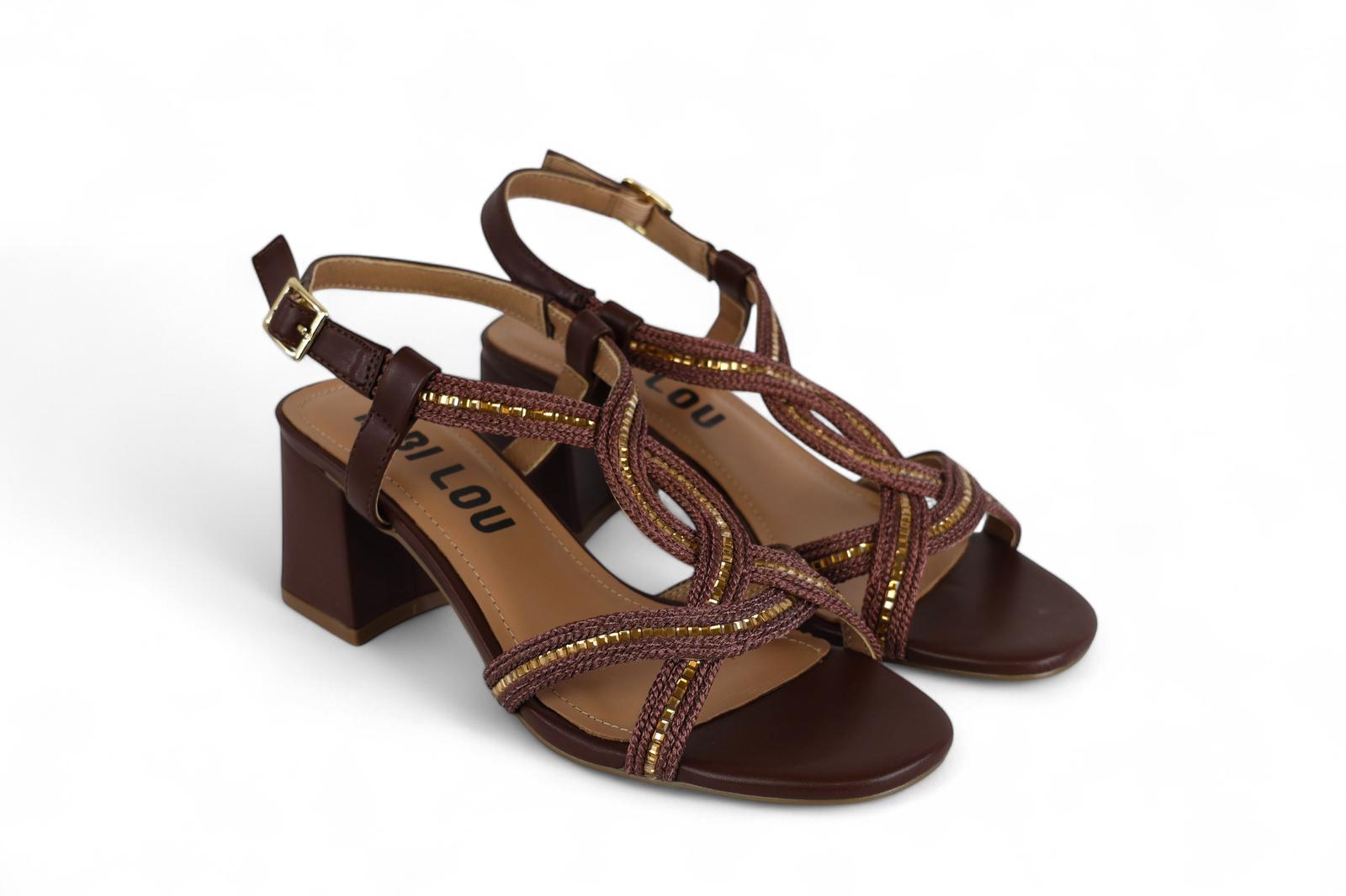 Bibi Lou sandalo donna con tacco in corda marrone e strass oro