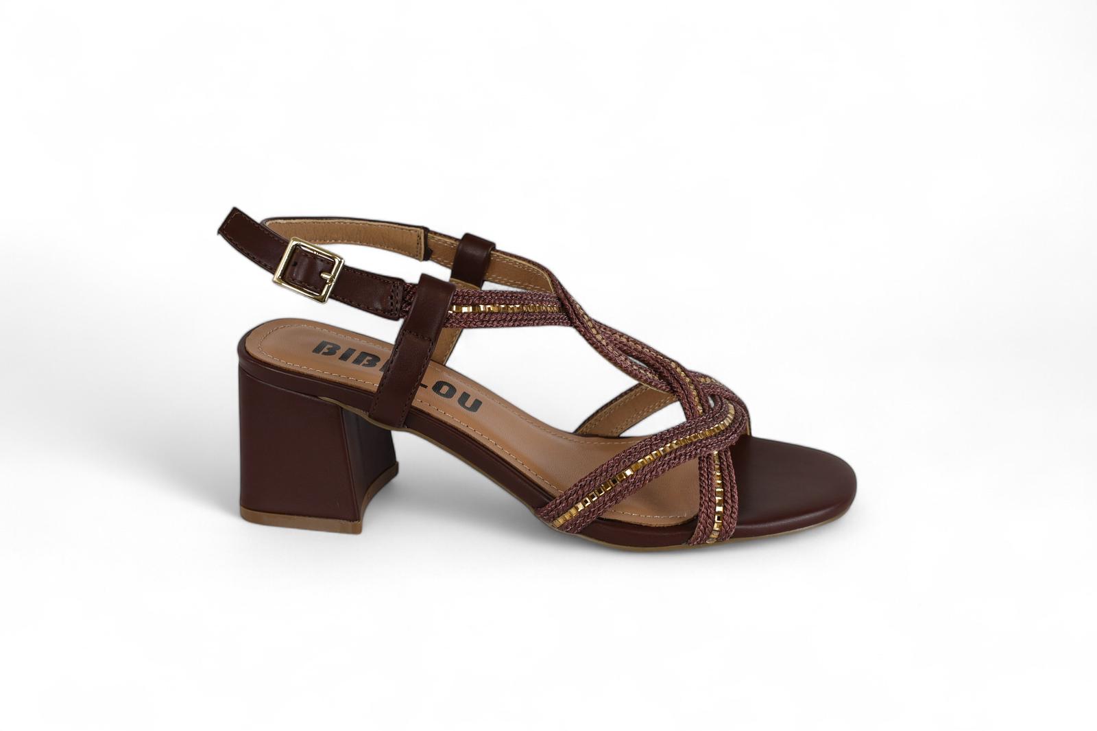 Bibi Lou sandalo donna con tacco in corda marrone e strass oro