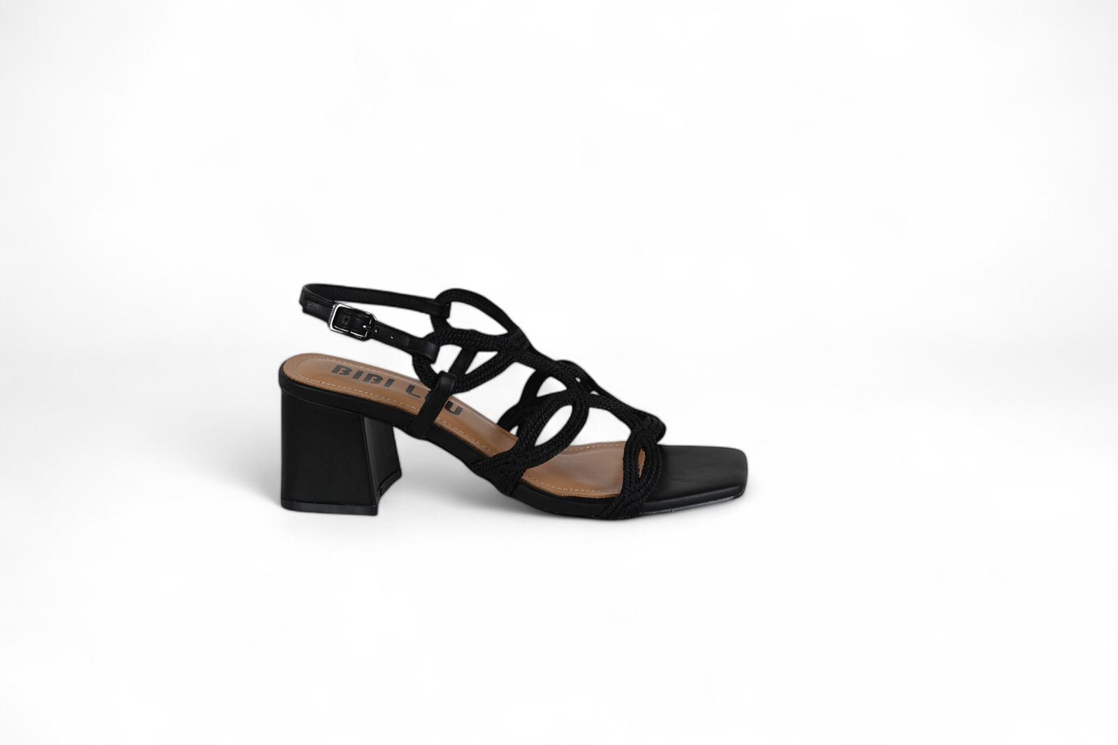 Bibi Lou sandalo donna con tacco in ecopelle e tessuto intrecciato nero