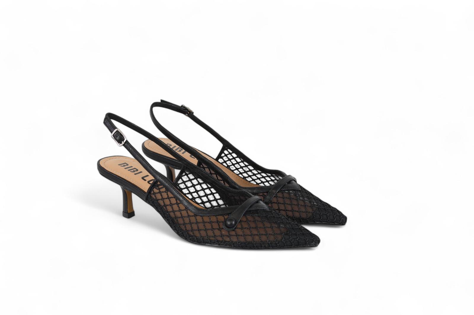 Bibi Lou slingback donna con tacco in rete nera con fibbia in pelle sul davanti