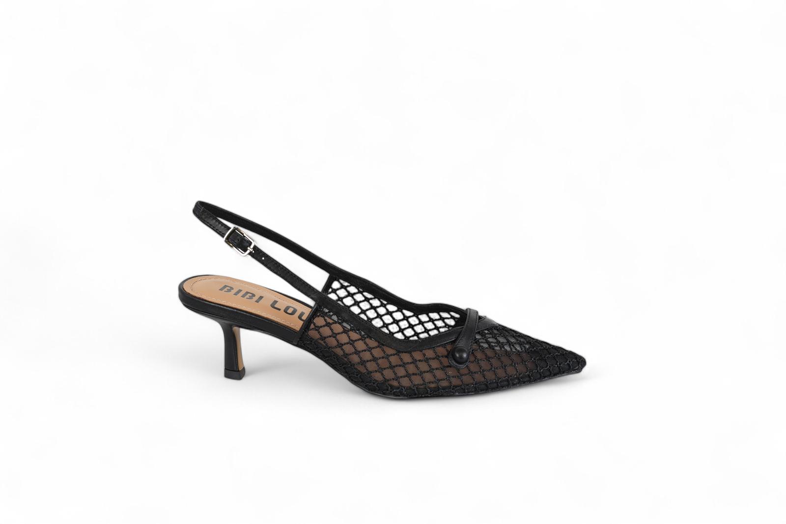Bibi Lou slingback donna con tacco in rete nera con fibbia in pelle sul davanti