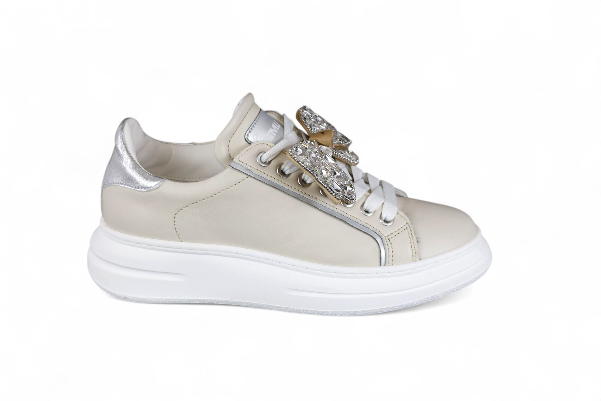 MÉLINÉ sneakers donna in pelle avorio e gonfietto in laminato argento
