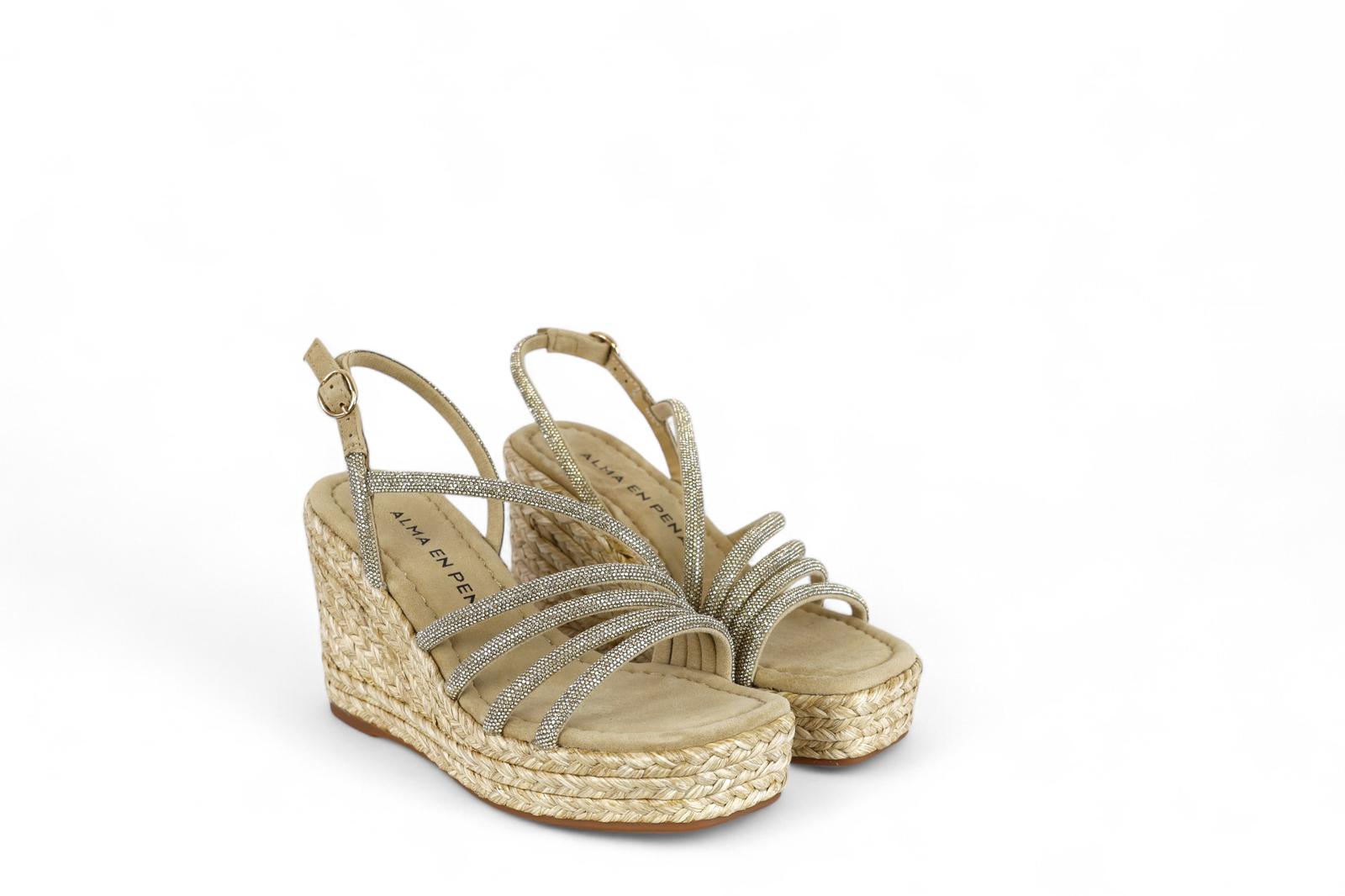 Alma en Pena sandalo donna con zeppa in suede vison sabbia con micro strass dorati