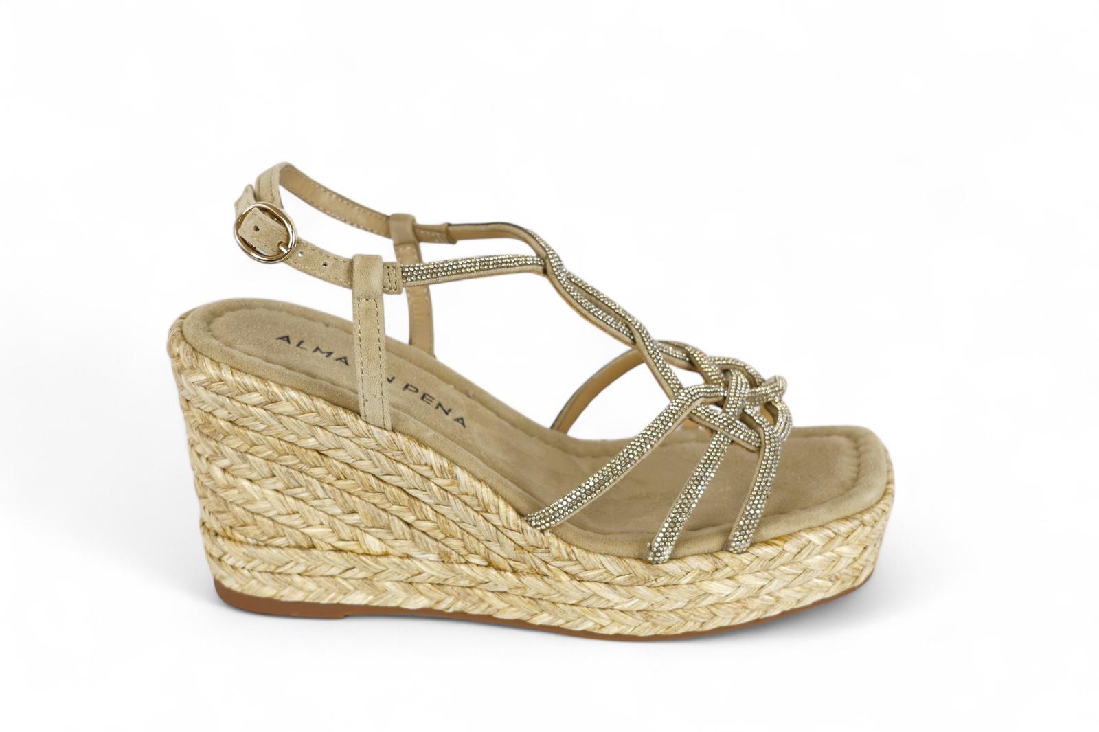 Alma en Pena sandalo donna con zeppa in suede sand con intreccio e strass