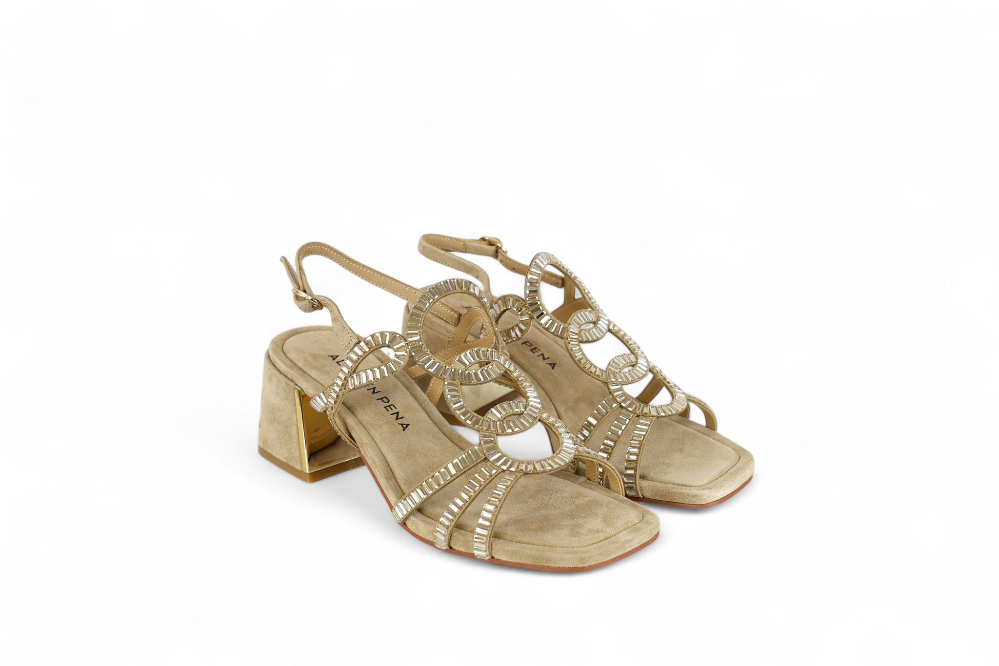Alma en Pena sandalo donna con tacco in suede sabbia con specchietti