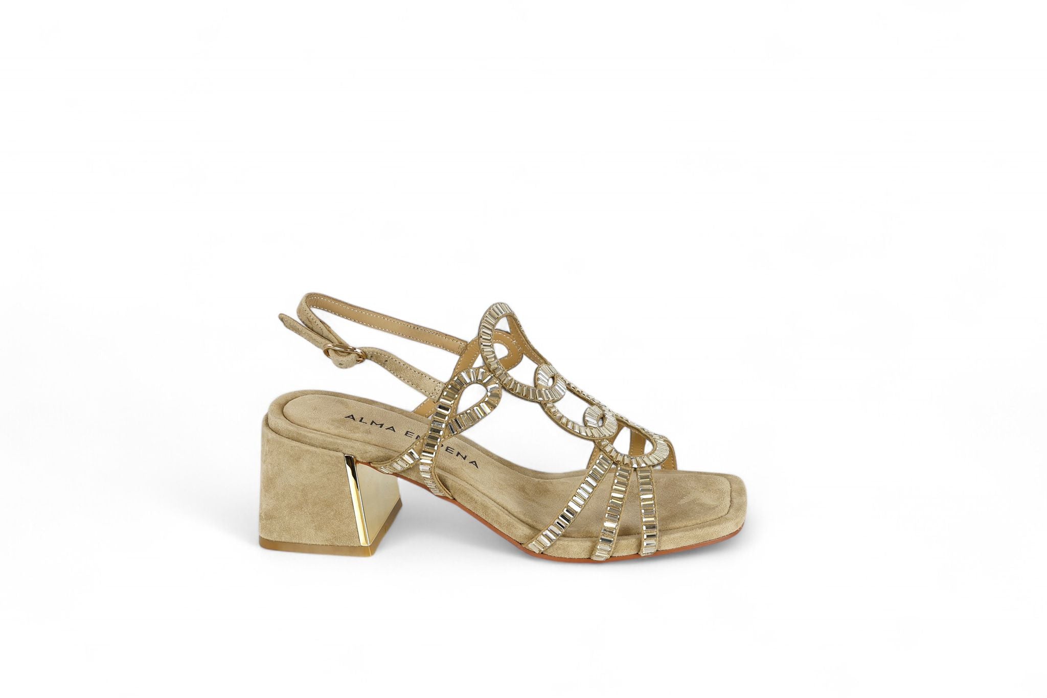 Alma en Pena sandalo donna con tacco in suede sabbia con specchietti