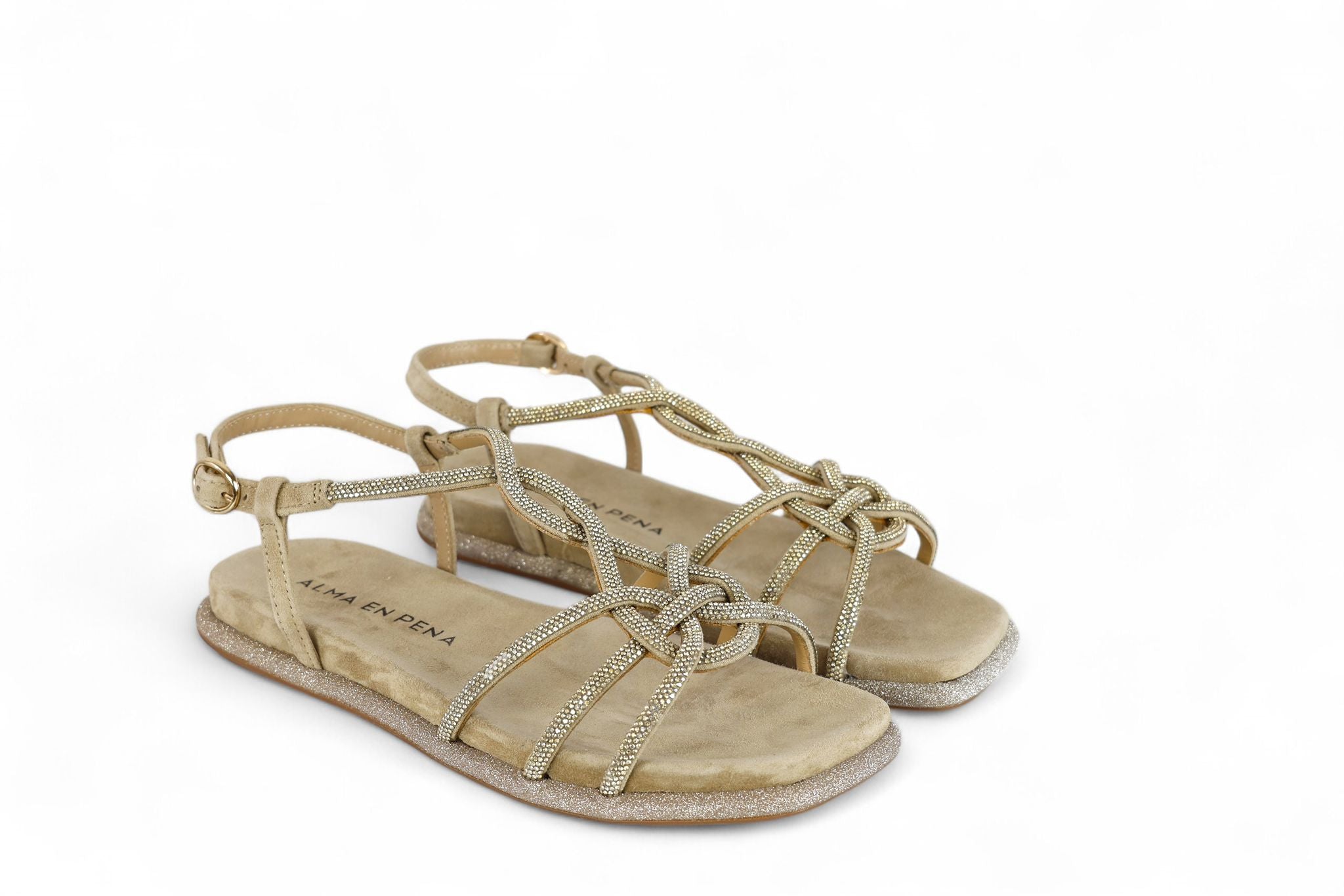 Alma en Pena sandalo donna in suede sand con intreccio e strass