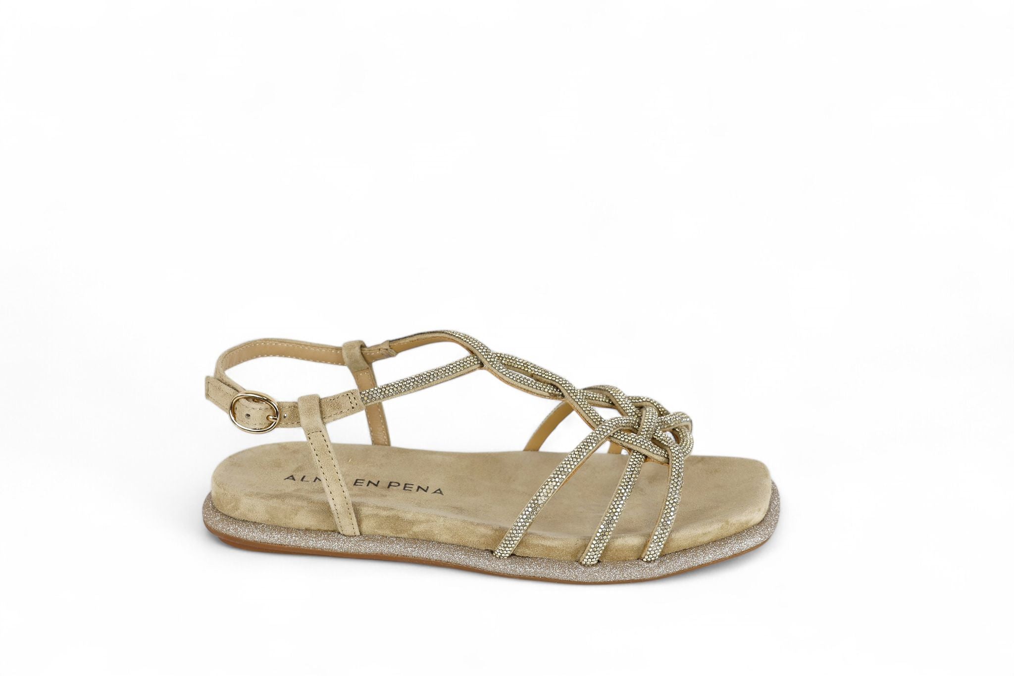 Alma en Pena sandalo donna in suede sand con intreccio e strass