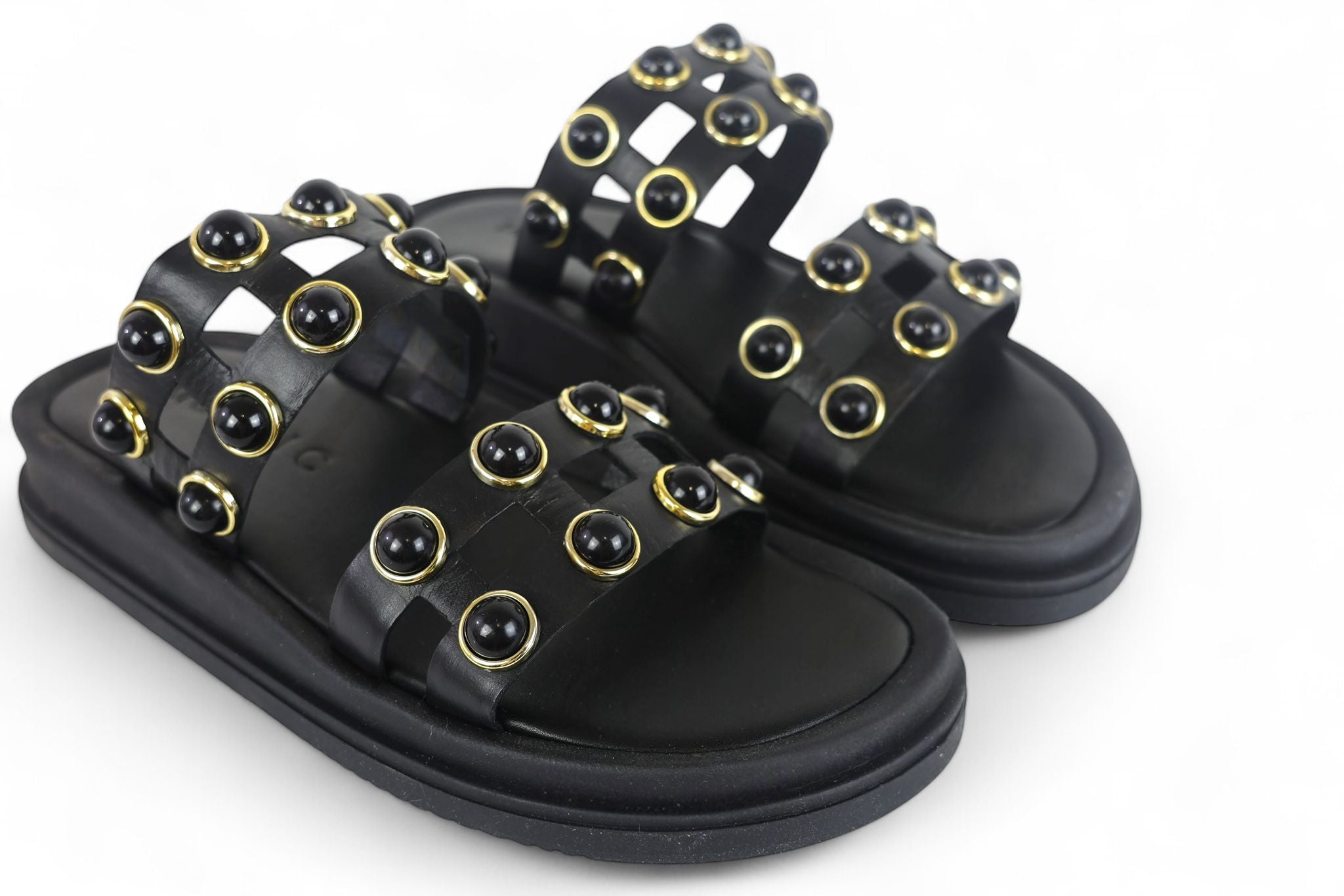 Mosaic slider donna in pelle nera con borchie nere e oro