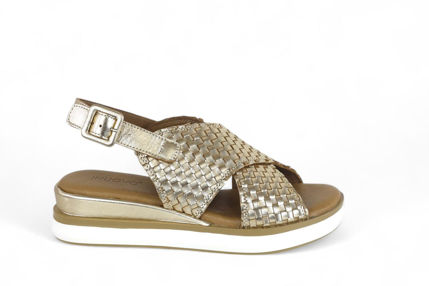 INUOVO sandali donna con zeppa in tomaia e fasce in pelle laminata oro