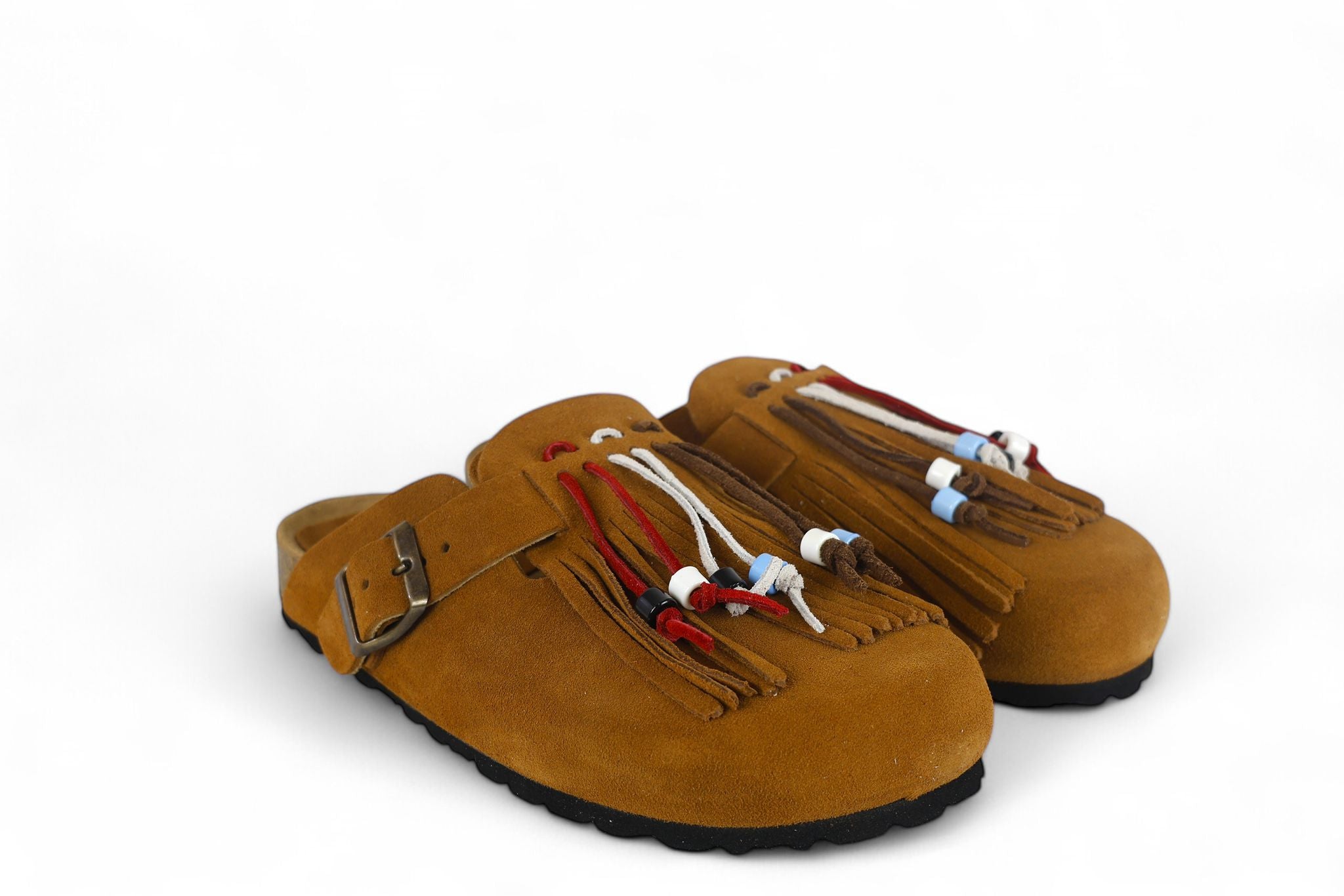 Lagoa mules donna in suede cuoio con frange e perline colorate