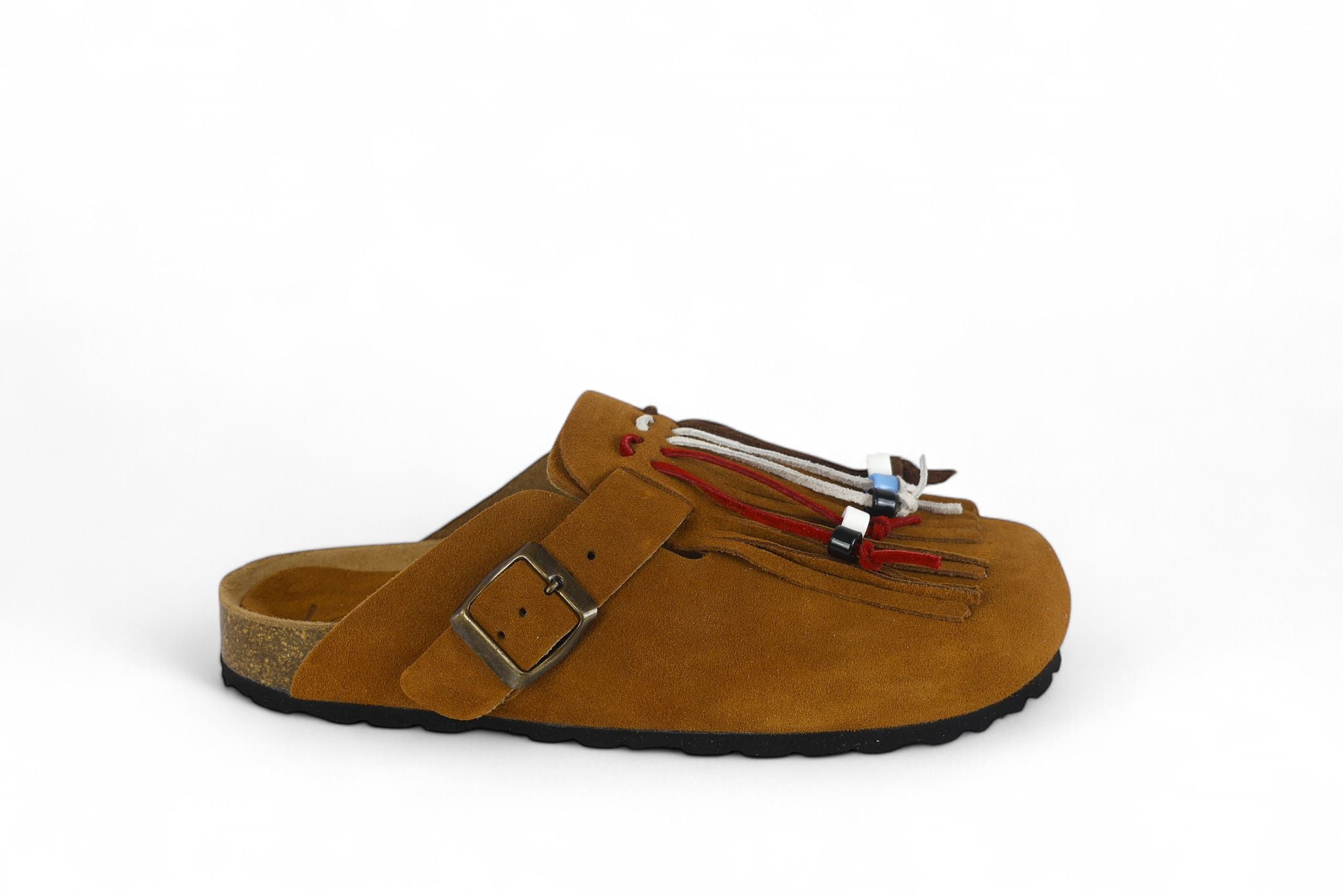 Lagoa mules donna in suede cuoio con frange e perline colorate