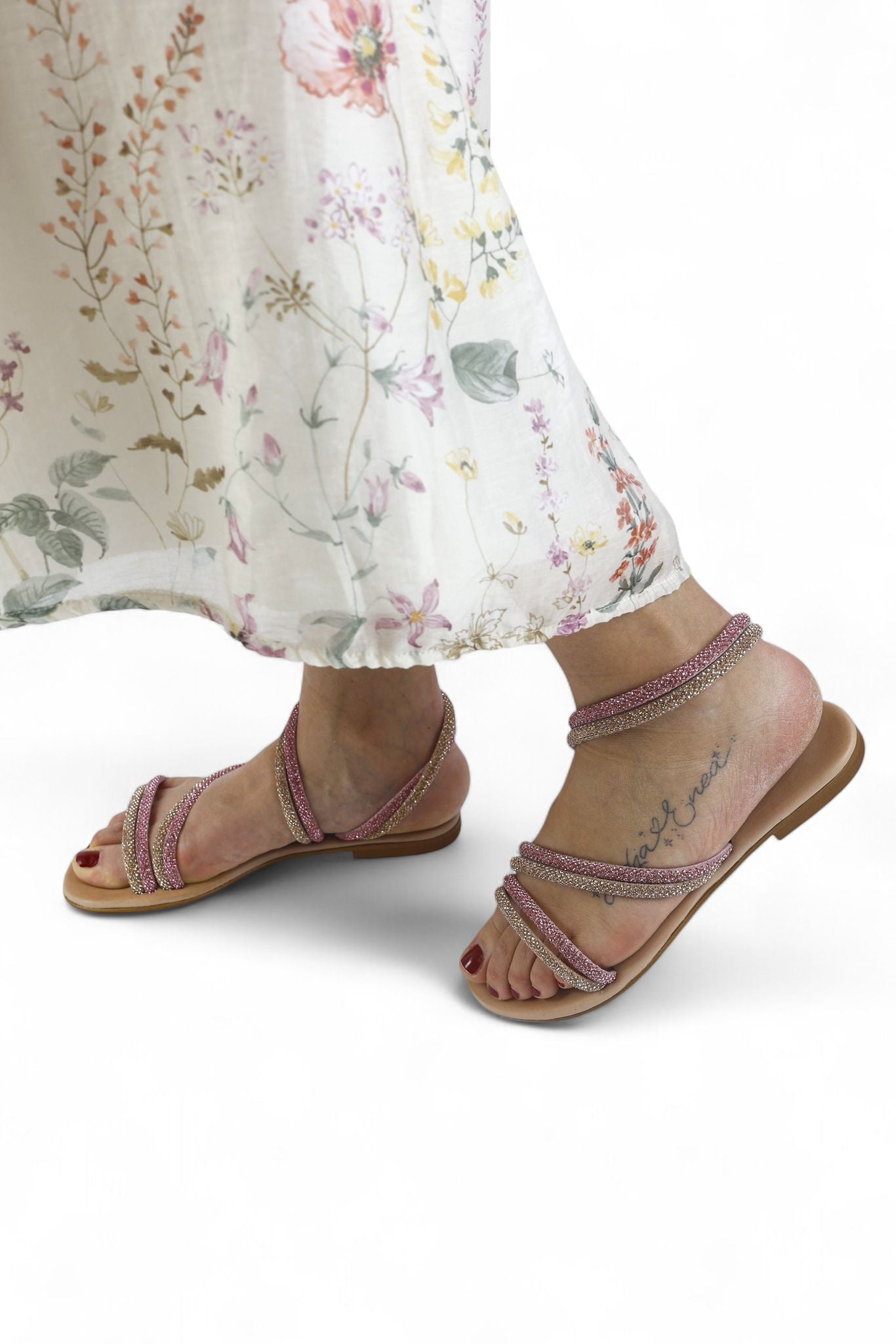 Mosaic sandalo basso donna con laccetti in strass rose gold e rosa