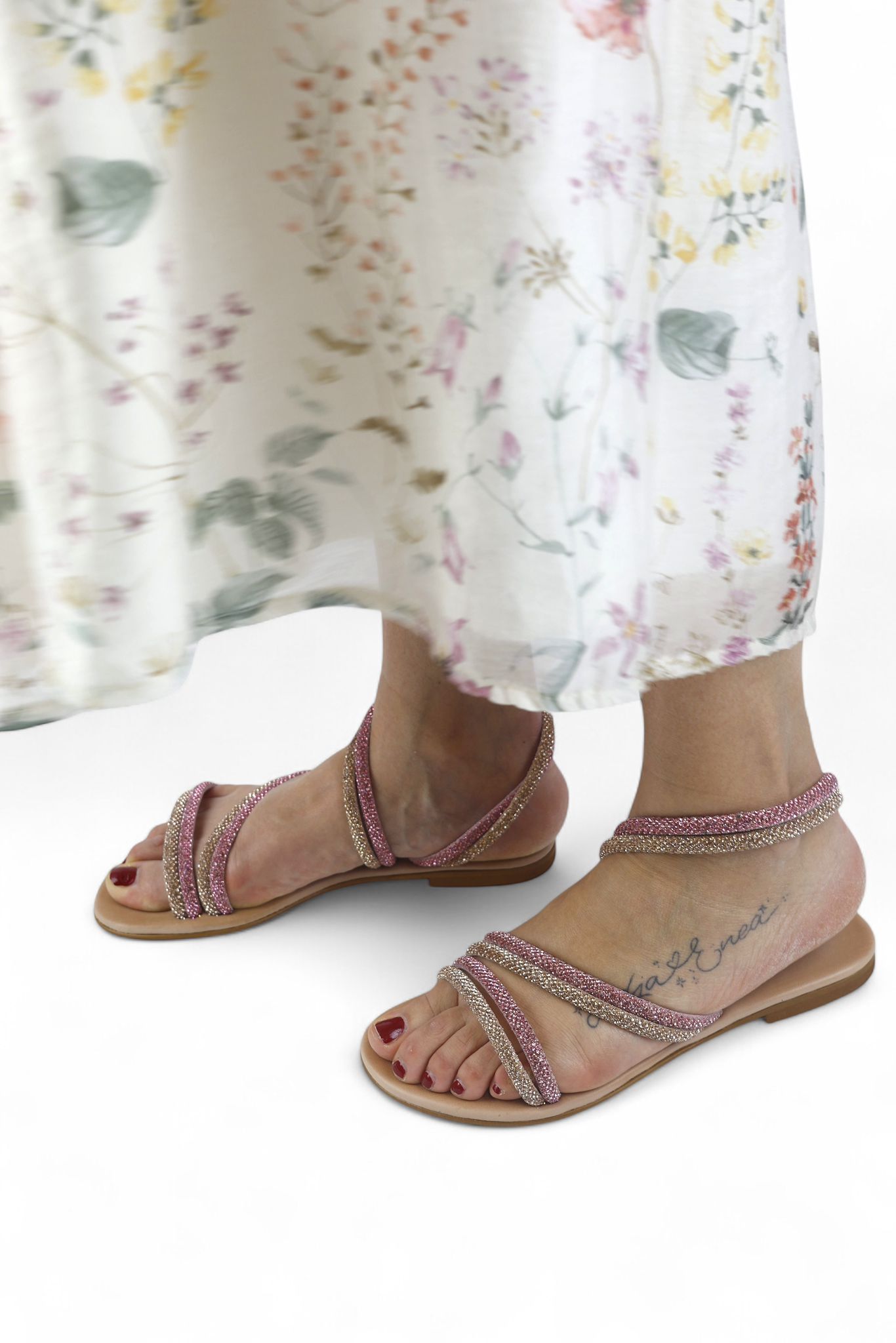 Mosaic sandalo basso donna con laccetti in strass rose gold e rosa