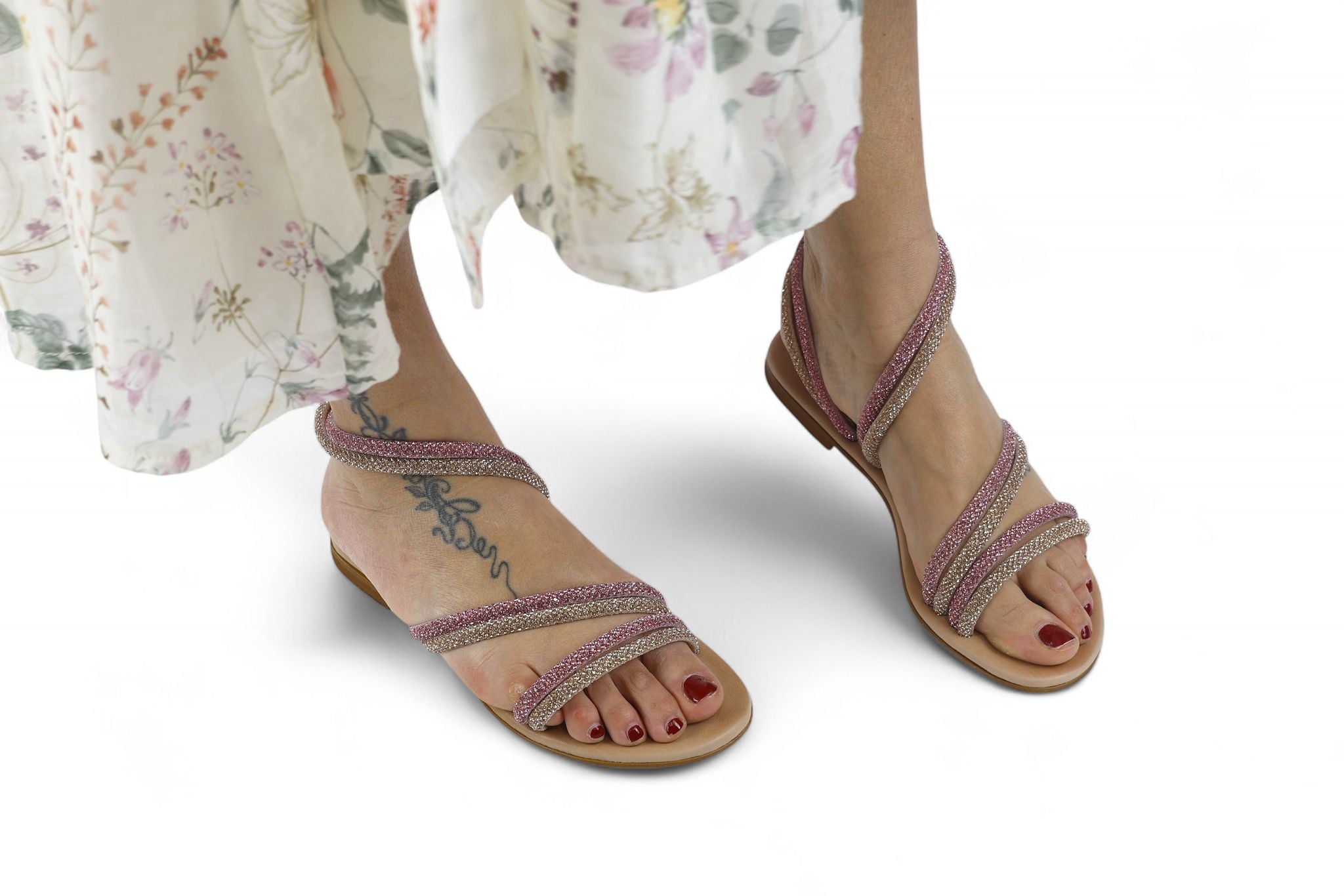 Mosaic sandalo basso donna con laccetti in strass rose gold e rosa