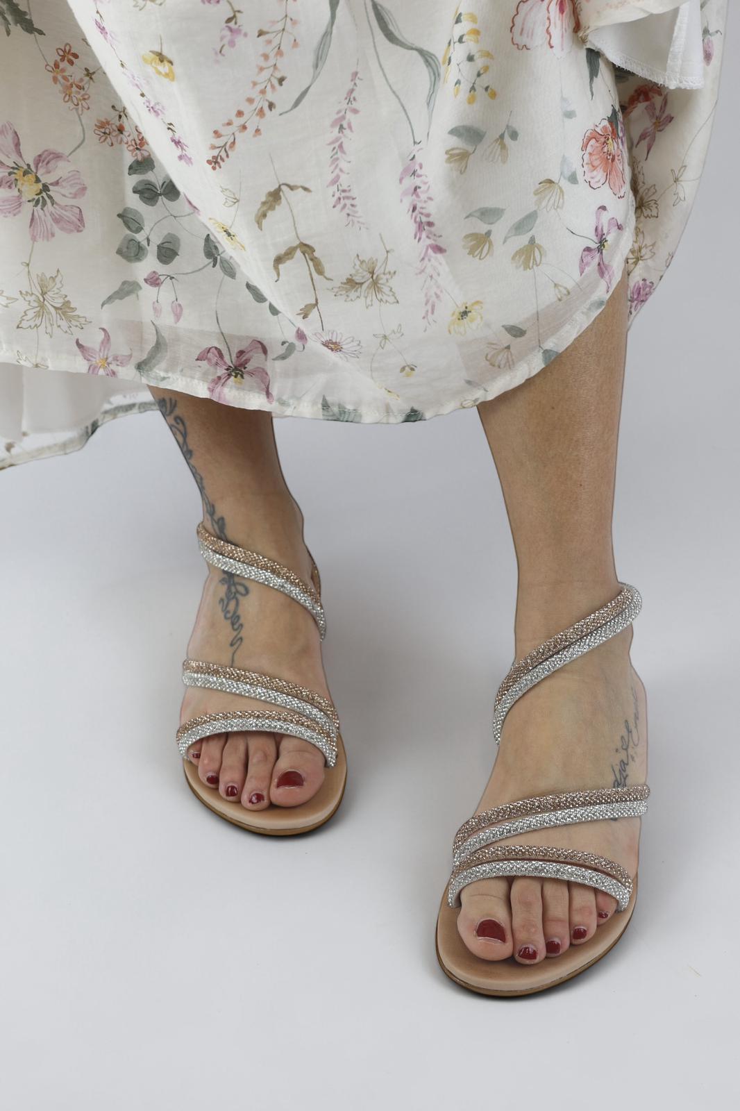 Mosaic sandalo basso donna con laccetti in strass oro rosa e argento