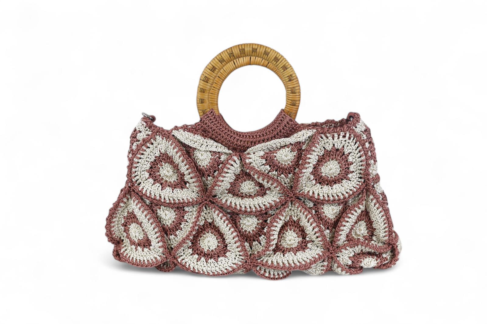 Enrico Versari borsa donna uncinetto 100% cotone bicolor porpora e bianco