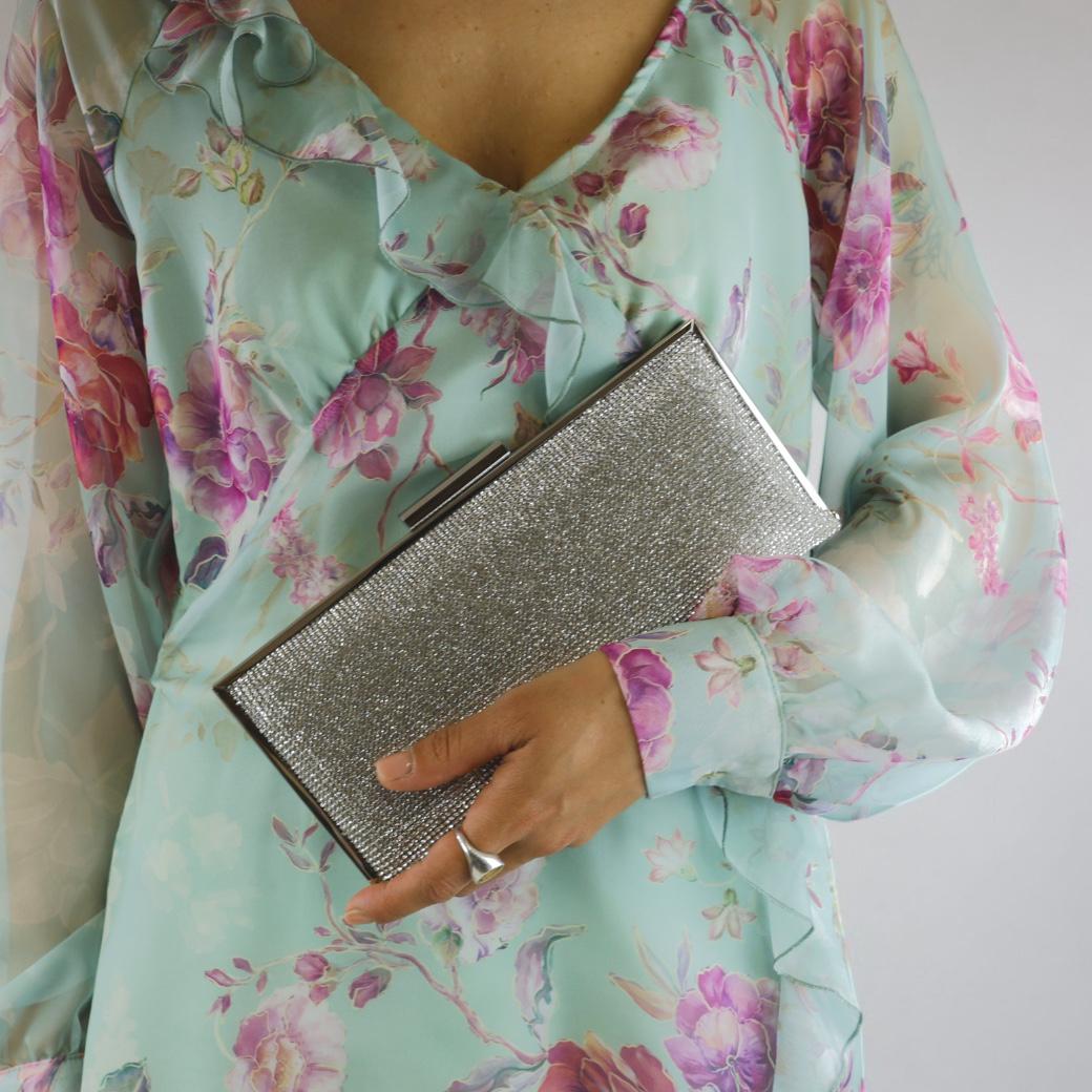 Exé pochette donna con strass e dettagli in metallo argento
