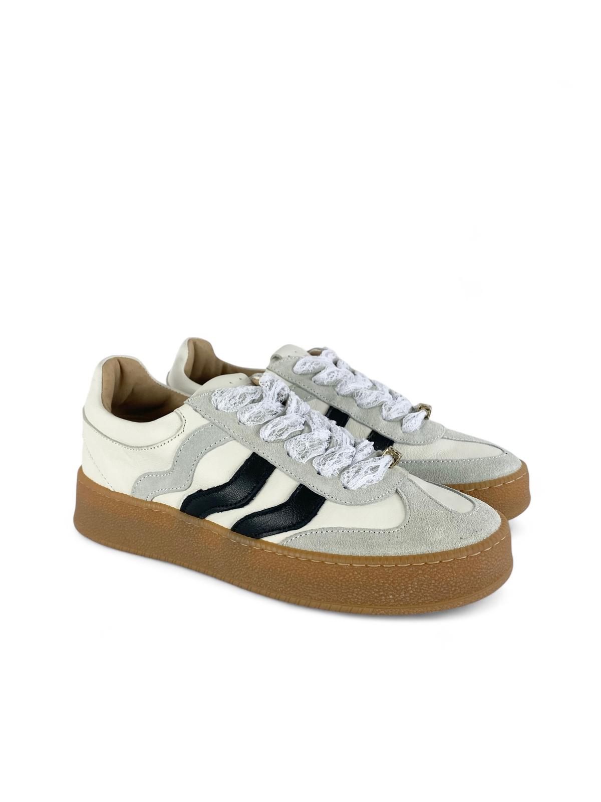 MELINE Sneaker donna in pelle e suede e Lacci in pizzo bianco