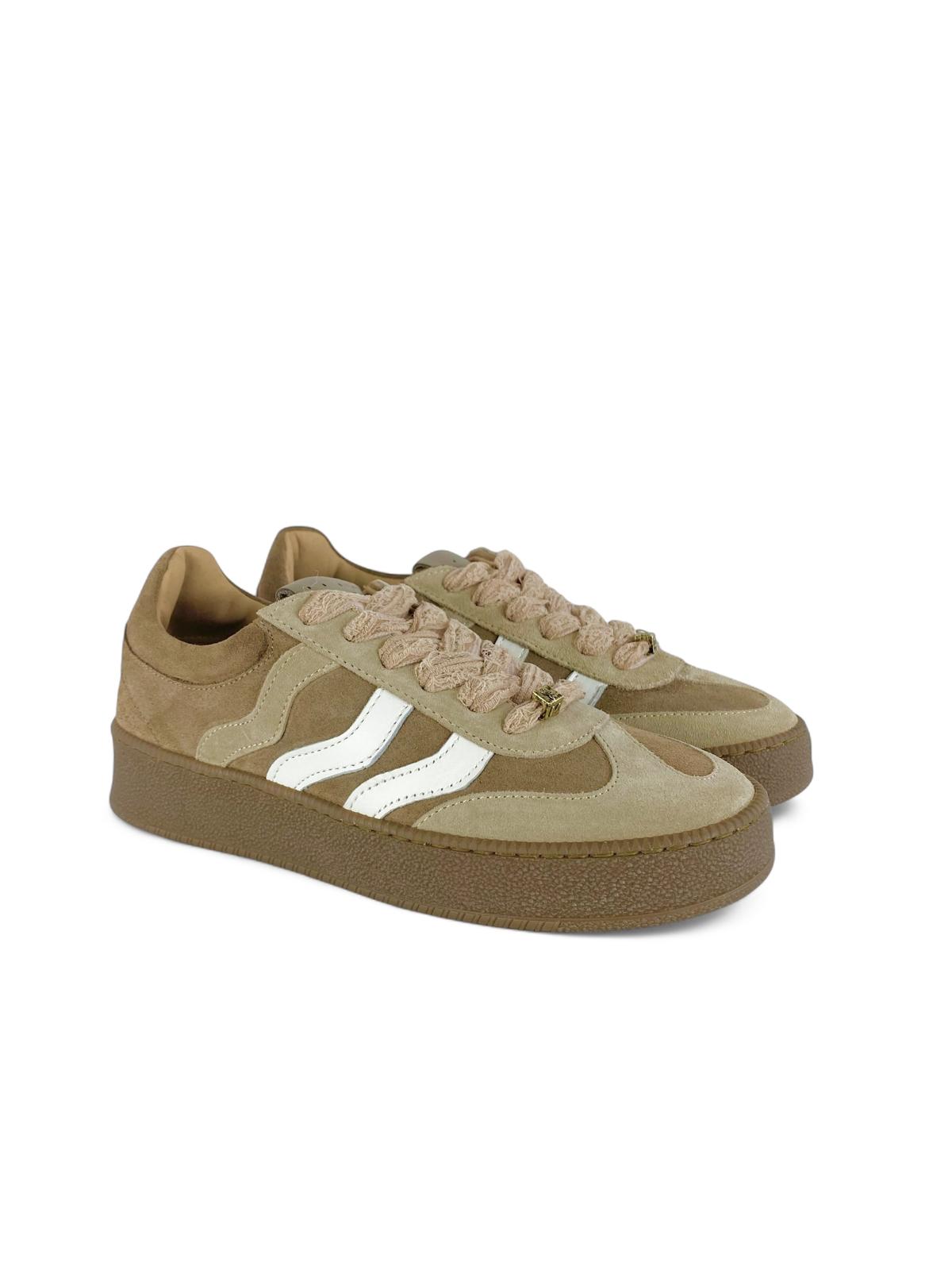 MELINE Sneaker donna in suede dettagli pelle e Lacci in pizzo beige